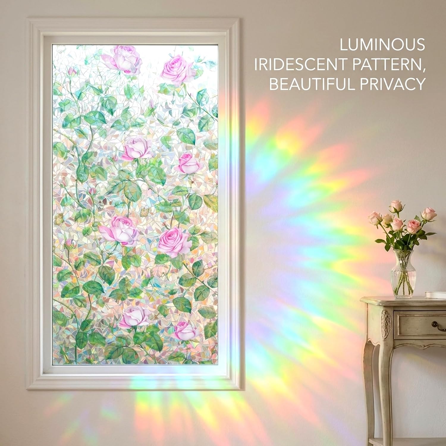 No Glue Window Film Pink Rose Rainbow Clings 3D Stained Glass Door Tint Covering Reusble Static Cling Decal for Home and Office,23.6 inches by 78.7 inches