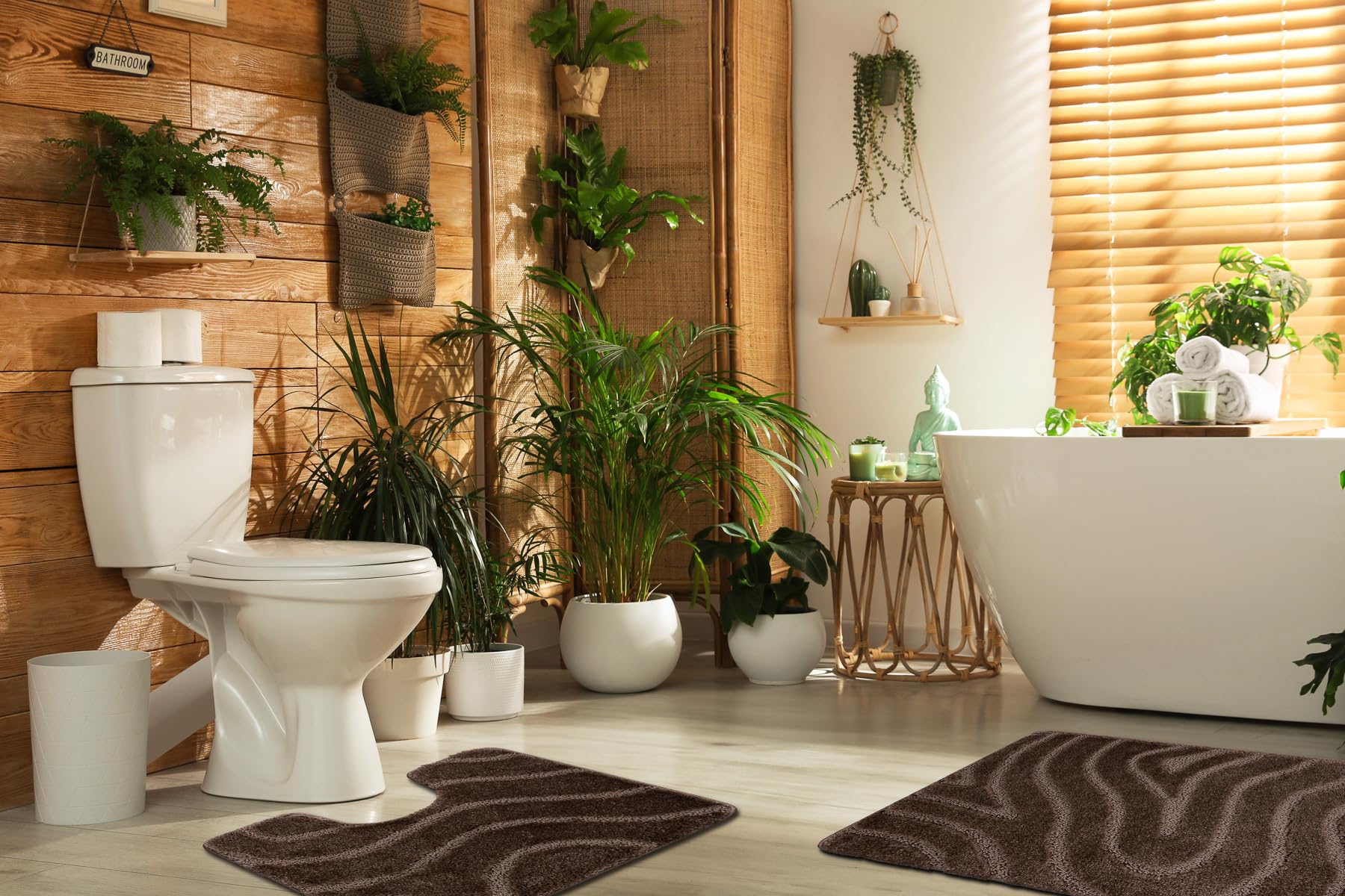 rugsx Set 2 alfombras de baño SUPR Waves, Ejes, Alfombra baño Antideslizante, Suave y Lavable, marrón 60x100 cm