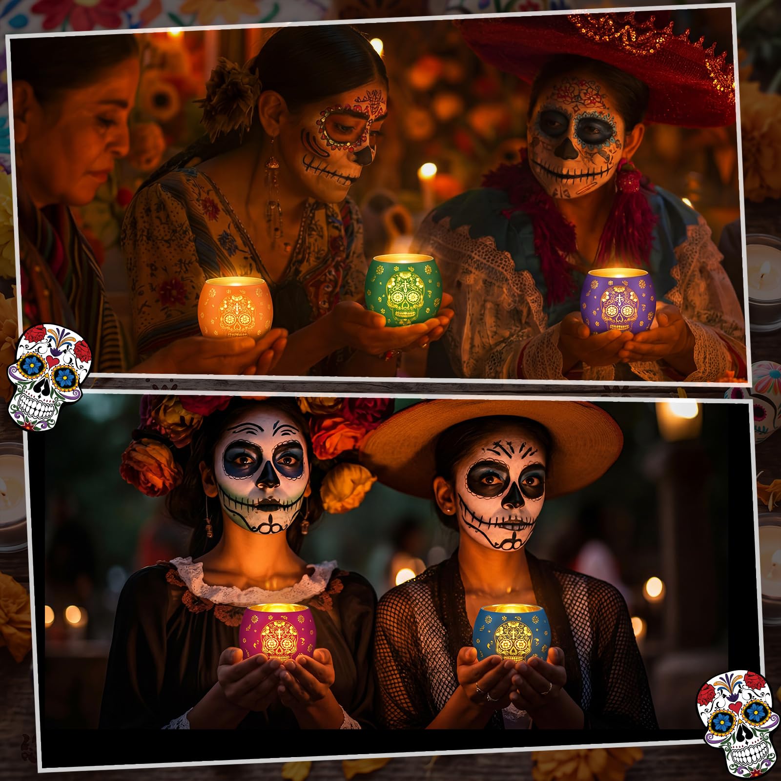 Meanplan Set di 9 portacandele votivi con LED Dia De Los Muertos messicano portacandele con teschio di zucchero e fiori incisi, centrotavola da tavolo per Halloween, carnevale, decorazione per feste