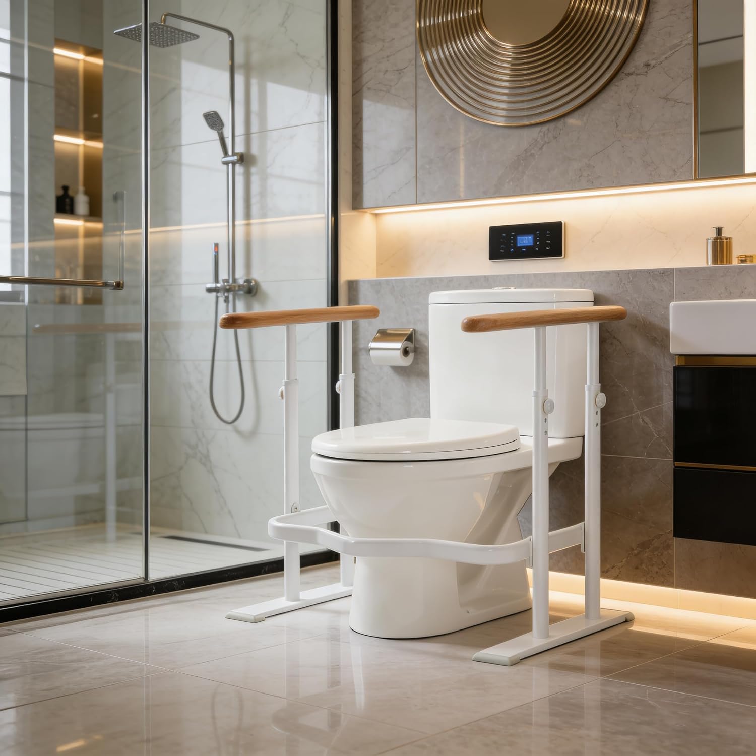 Toilet Safety Rails for Seniors - Toilet Safety Frame with Dual Pillars, Waterproof Nighttime Reflective Base, 3-Speed Height Adjustment (White, Double Pillar)