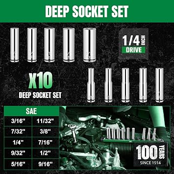 SK 1/4 Drive Socket Set, Deep SAE Sockets, 10-Piece 3/16 to 9/16 , SuperKrome Finish, Premium CR-V Construction, with Aluminum Socket Organizer
