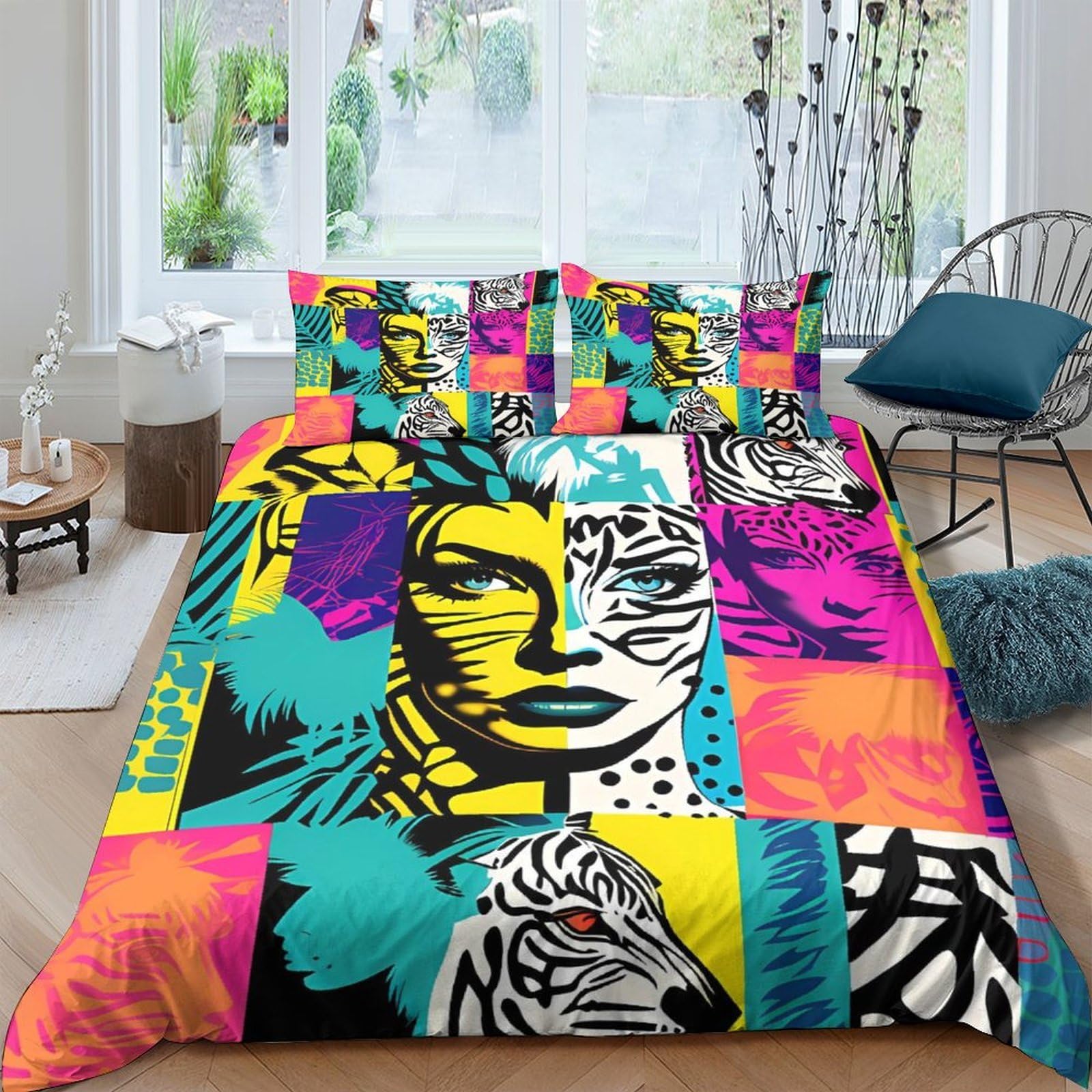 3D Printed Pop Art Tiger Face Duvet Cover Microfiber Soft Breathable Graffiti Bedding Set with 2 Pillowcases for Bedroom Decor Single（135x200cm）