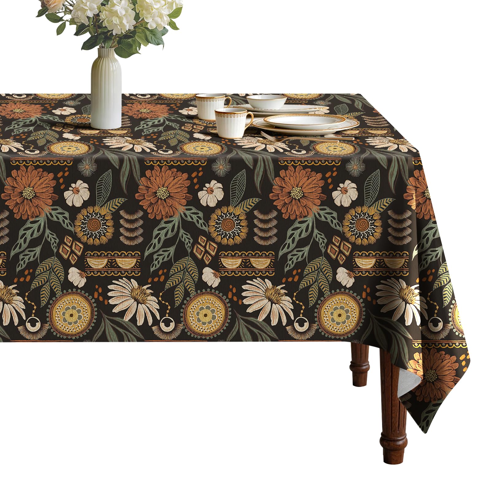 viaowan Boho Vinyl Tablecloth with Flannel Backing for Rectangle Tables, Waterproof Stain Resistant Non-Slip Wipeable Table Cover for Kitchen Dining Picnic Party 52 x 70 Inch