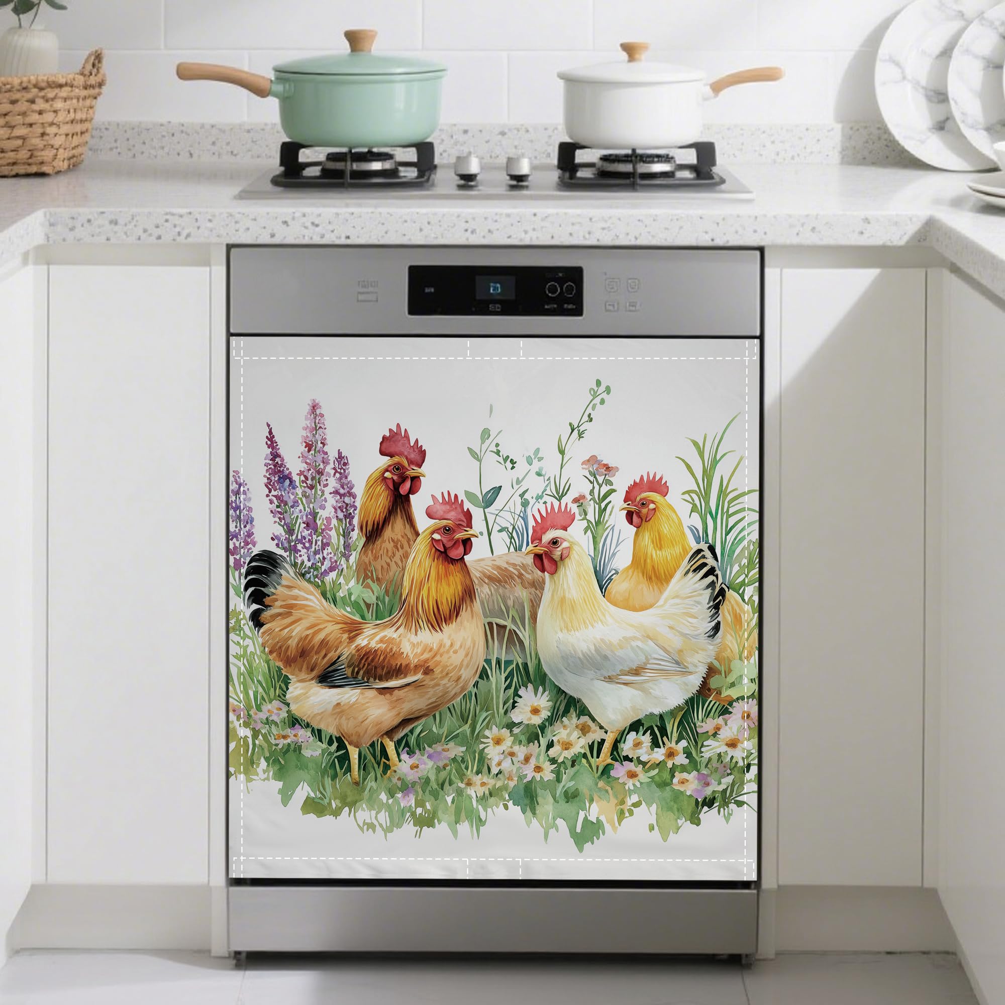 Magnetic Dishwasher Cover,Chicken Rooster Grass Reusable Dishwasher Magnetic Cover Decorative Door Covers Panel for Home Kitcen 23" x 26"