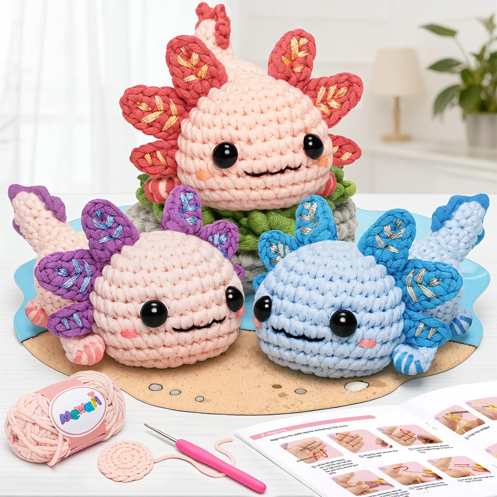 Mewaii Crochet Kit for Beginners, 3 Pack Axolotl Craft Set
