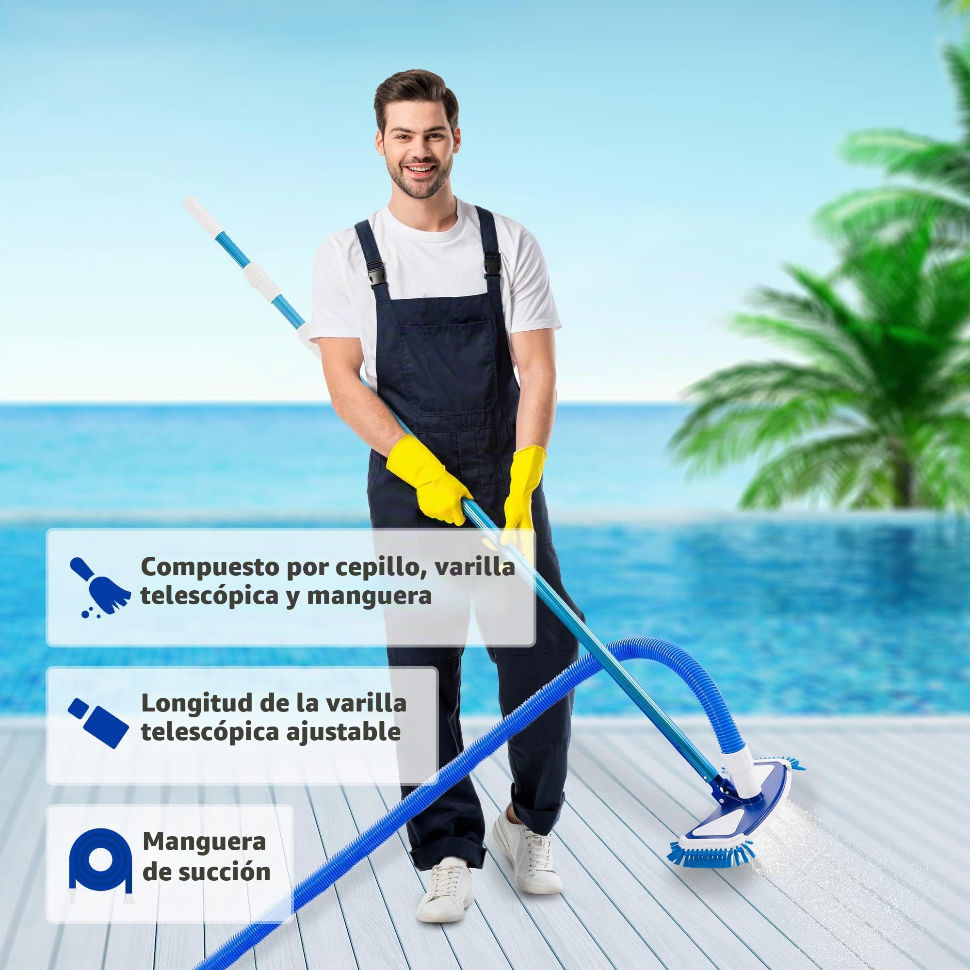 Arebos Cepillo de Piscina | Limpiador de Piscinas | Cepillo de succión | Pértiga telescópica | Aspirador de Piscinas con Manguera | Aspirador para Fondo de Piscina | Aspirador Manual para Piscinas