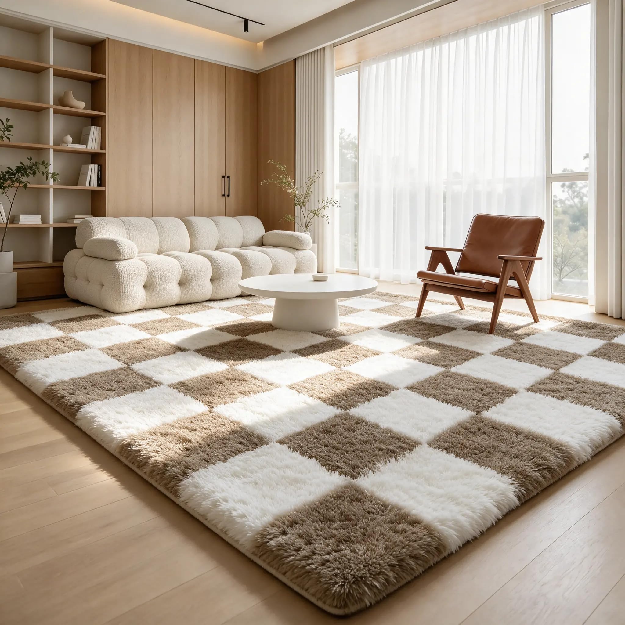 Homaxy Hochflor Waschbar Großer Teppich Wohnzimmer 120 x 160 cm Beige&Creme | Anti-Rutsch Unterseite Weich Teppiche, Flauschig Pflegeleicht Schachbrettmuster Teppich fürs Kinderzimmer, Schlafzimmer