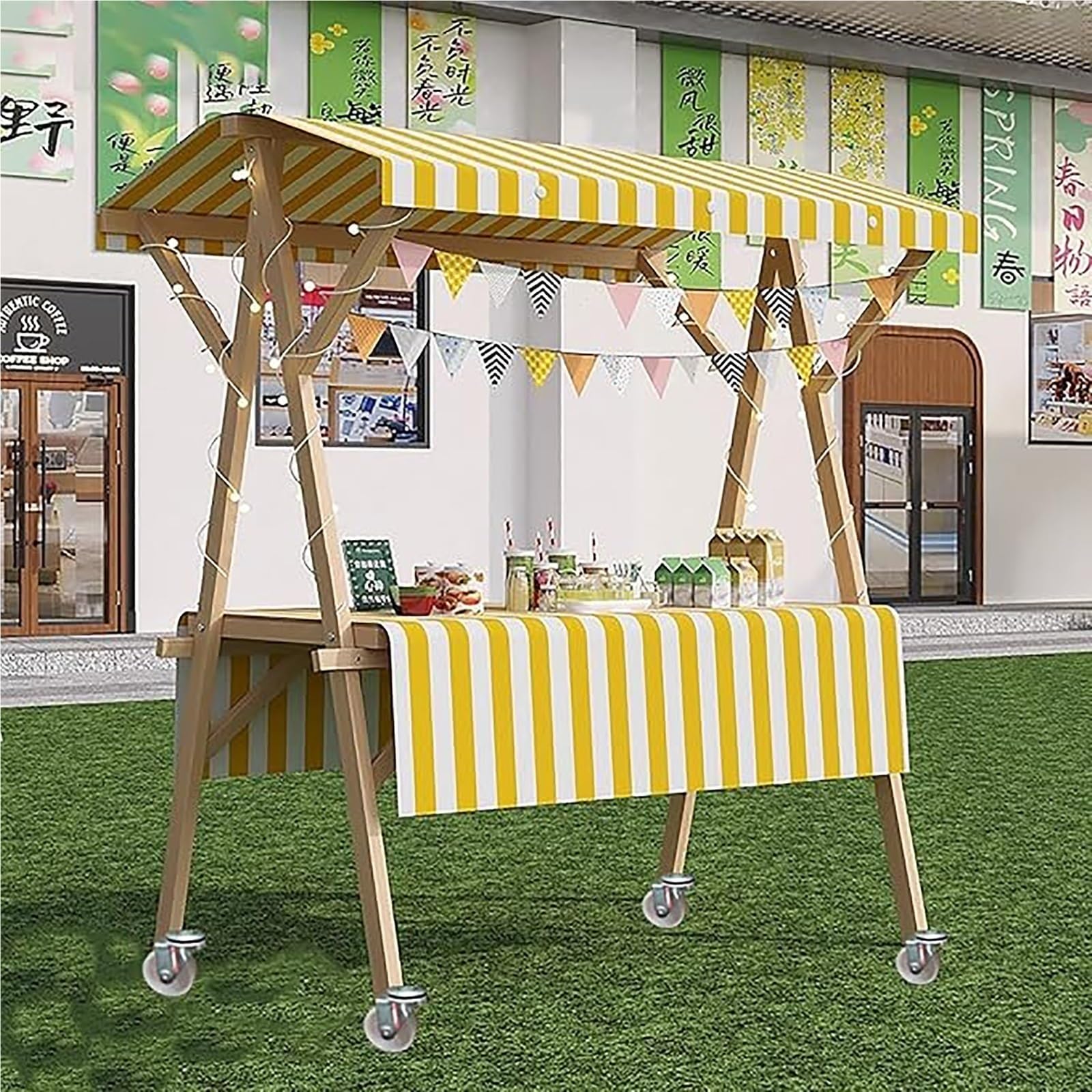 Cabina pieghevole in legno con baldacchino, carrello portatile su ruote, espositore leggero per mercatini di strada, mercati agricoli ed eventi