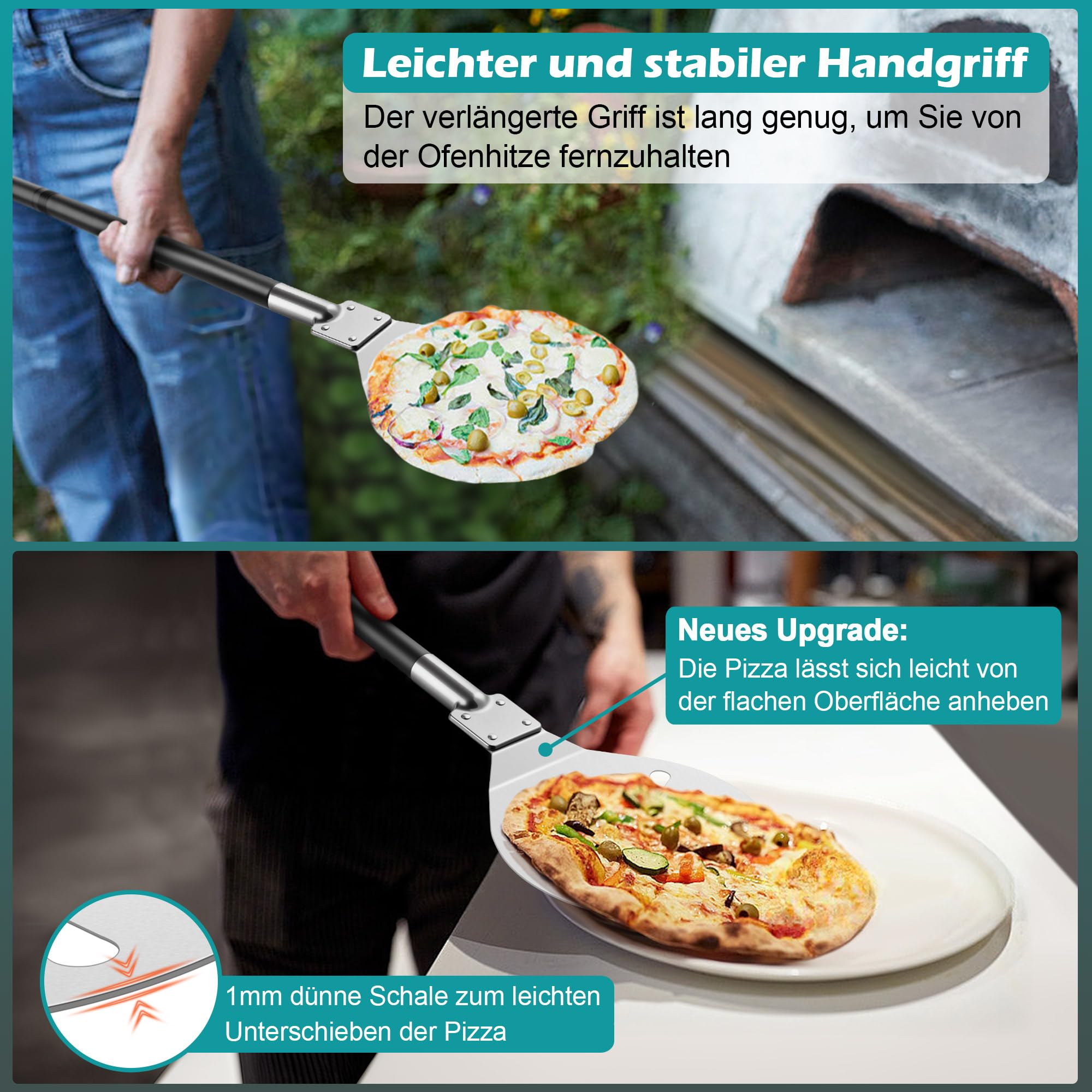 Onader Perforowana łopatka do pizzy, ze stali nierdzewnej, okrągła łopatka do pizzy, ze zdejmowanym metalowym uchwytem, do pizzy, chleba, ciasta, zdrowa i łatwa do czyszczenia – 17,8 x 30,7 x 112,5 cm