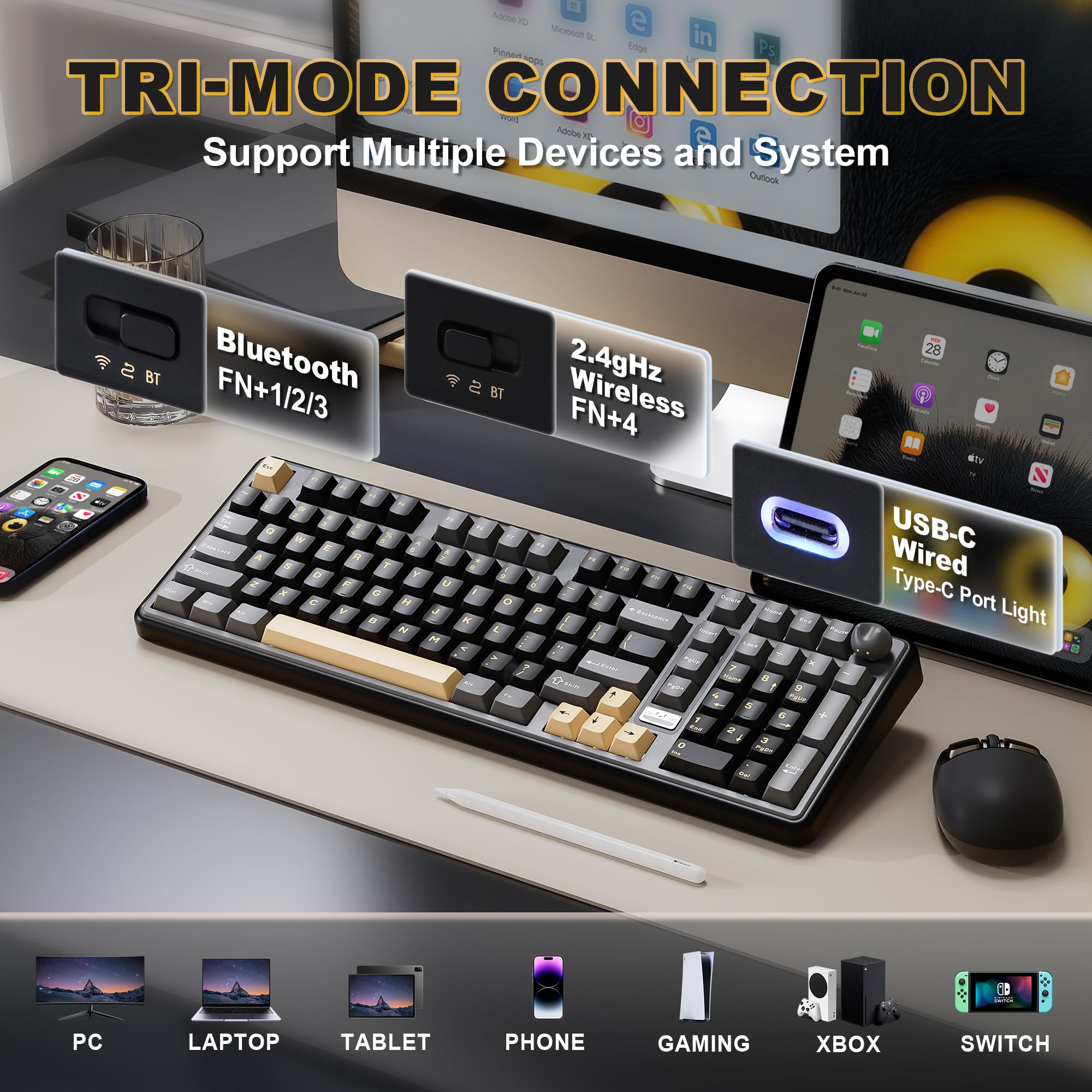 YUNZII B98 Pro Clavier Mécanique Gaming sans Fil (Noir, Candy) | 96% avec Pavé Numérique et Molette Chat, Bluetooth 5.0/2.4G/USB-C, Gasket, Hot-Swap, RGB, QWERTY, pour Win/Mac