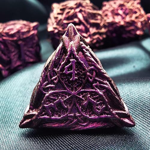 Miniatura 5 de HAOMEJA Juego de dados de metal con hojas de vid DND, 7 dados poliédricos para juegos de rol D&D, dados sólidos de mazmorras y dragones (morado rojo)