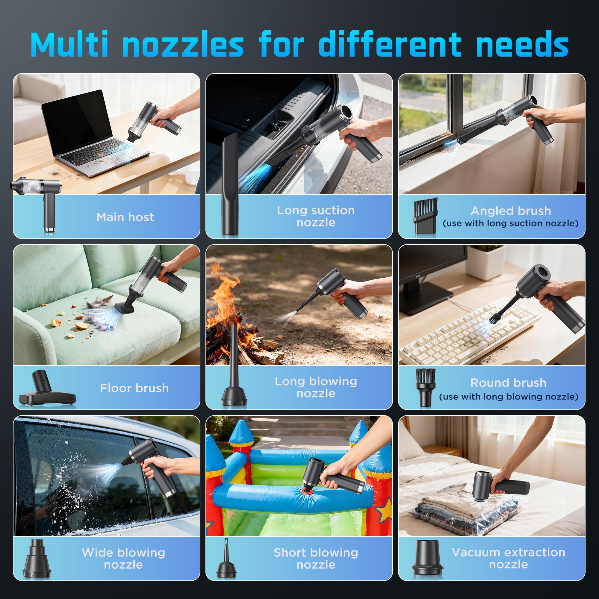 Aspirateur Voiture Puissant 4-en-1, 25000Pa Aspirateur à Main Sans Fil avec Moteur Brushless, 2 Vitesses, 6000mAh, 150000 RPM Souffleur Air Comprimé Pour Bureau, Voiture, Maison, Cuisine, Poils