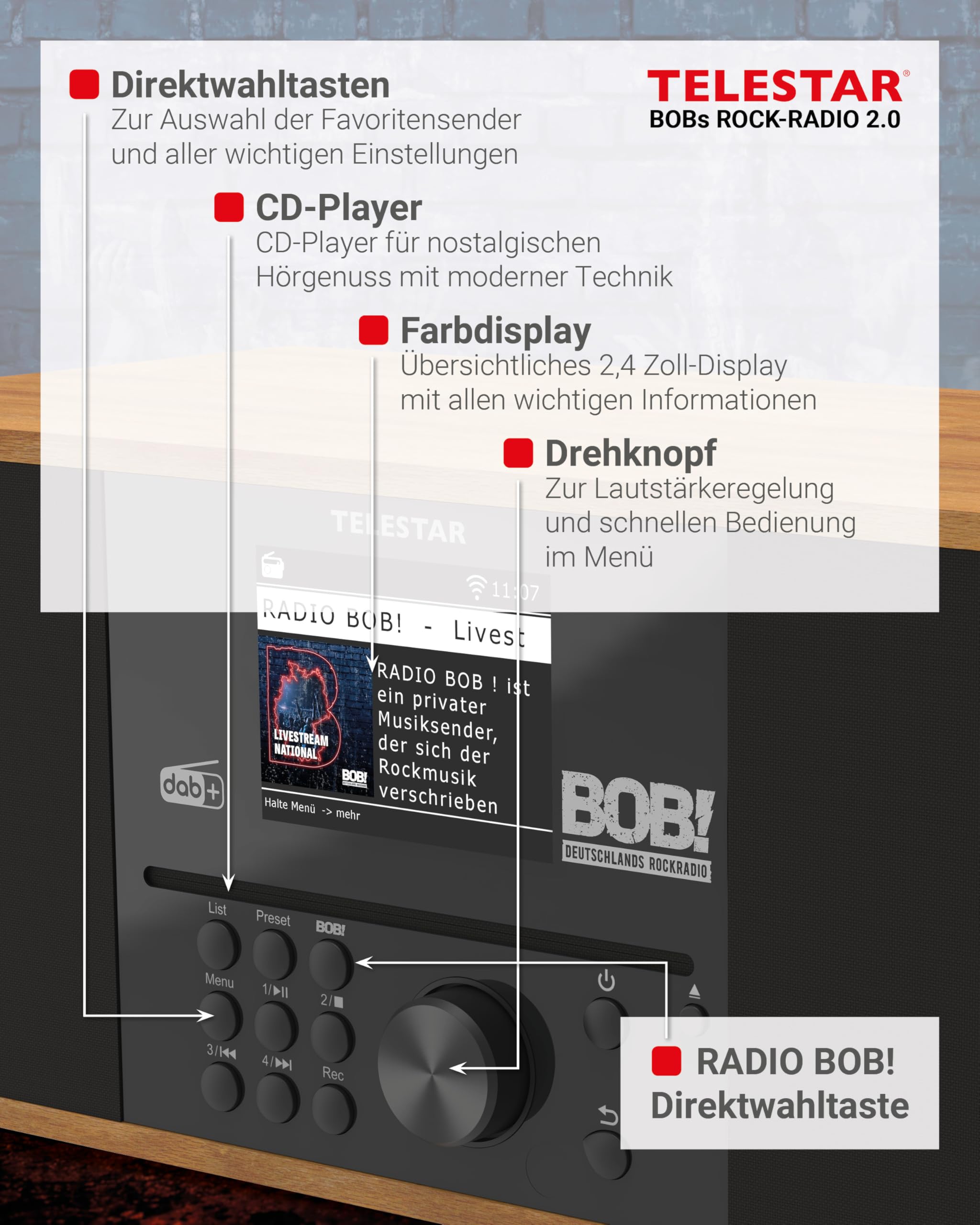 TELESTAR BOBs Rock Radio 2.0 – DAB+/Internetradio mit CD-Player – Holz | RADIO BOB! Sender vorinstalliert, Stereo, 2 × 15 W, Streamingdienste, Bluetooth Audio-Streaming & Sendefunktion, USB