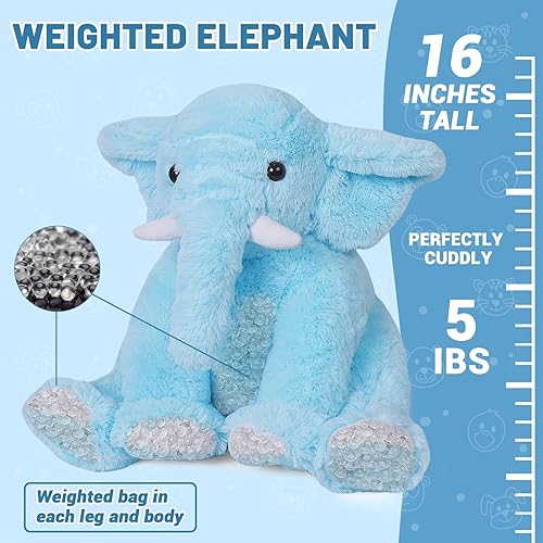 Miniatura 2 de Animales de peluche con peso de elefante, 5 libras y 16 pulgadas, color azul, almohada grande de peluche de elefante con peso, regalo para niños y