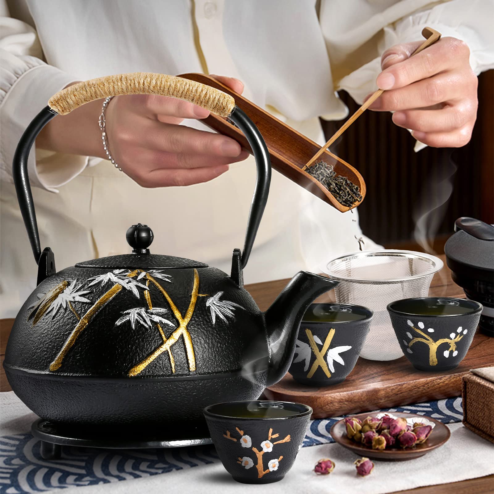 Dyna-Living Tetera de hierro fundido con infusor de 1200 ml / 45 onzas japonesas con 4 tazas de té