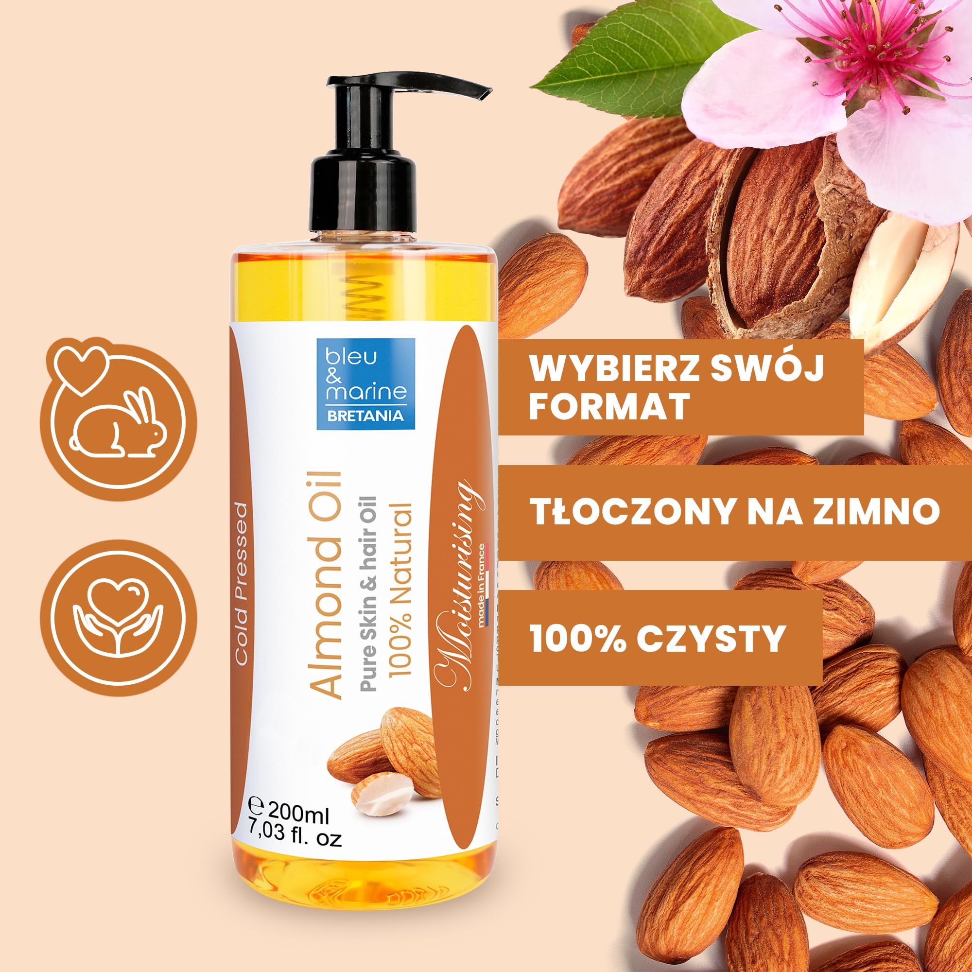 bleu & marine Bretania - 100% Naturalny Olej ze Słodkich Migdałów 200ml | Bez Syntetycznych Konserwantów | Idealny do Masażu | Wszechstronny Krem Nawilżający | Bogaty w Proteiny i Witaminę D