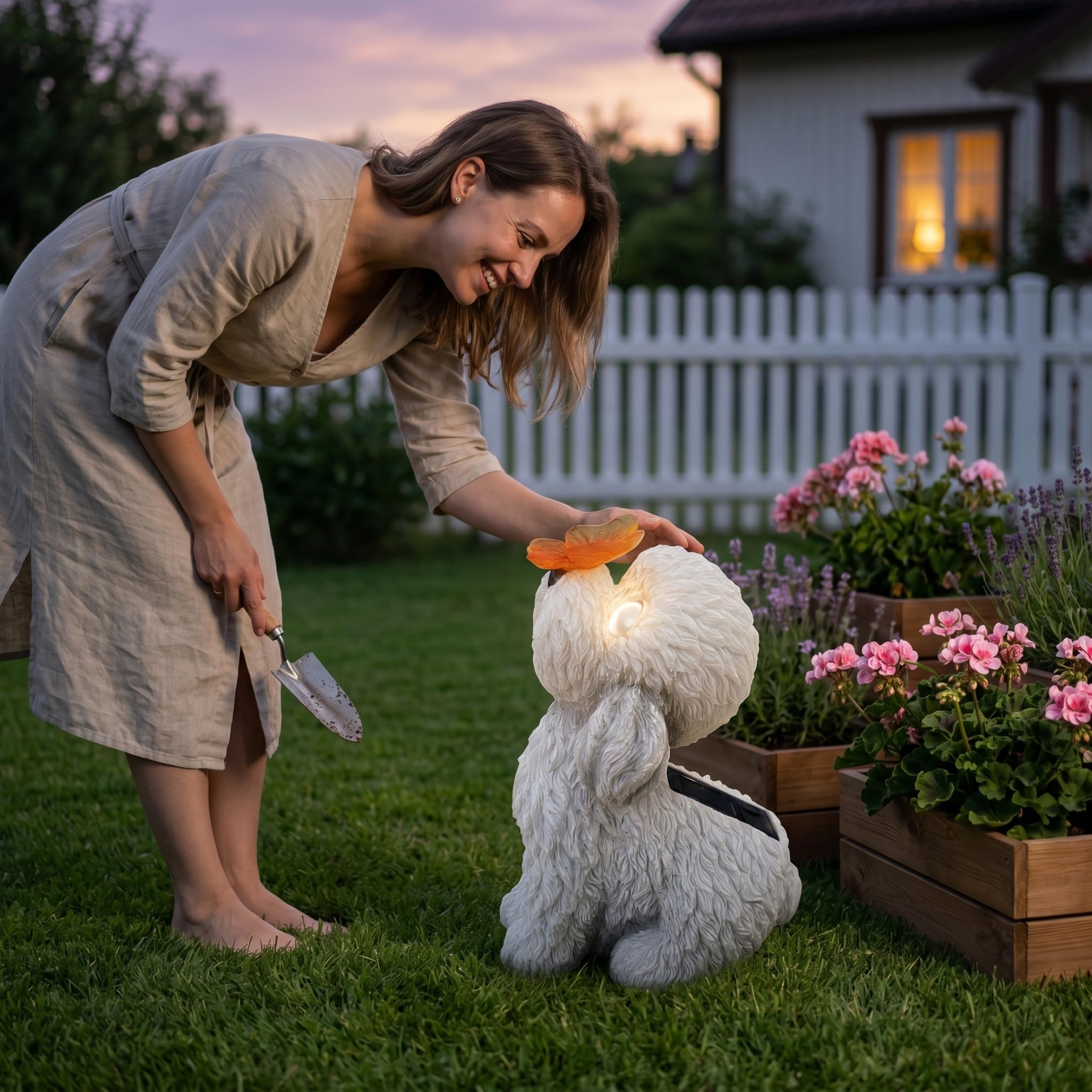 Estatuas de Perros al Aire Libre, Estatua de jardín Solar, estatuilla de Perro de Peluche Blanco con luz LED de Mariposa - Decoración de Patio y Patio al Aire Libre.