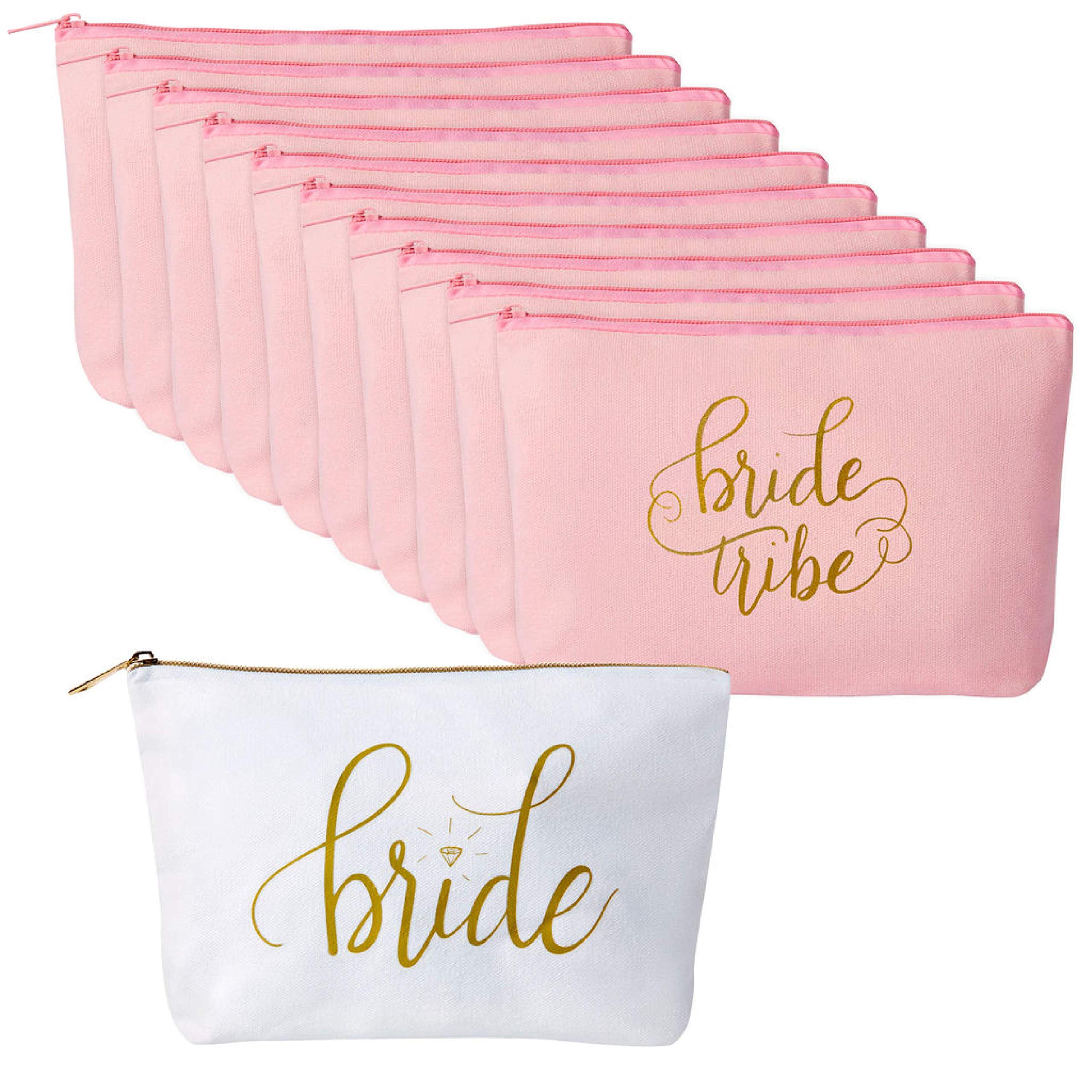 Canvas Makeup Bags for Bachelorette Parties, Weddings and Bridal Showers! (11 Piece Set, Pink - Bride Tribe)