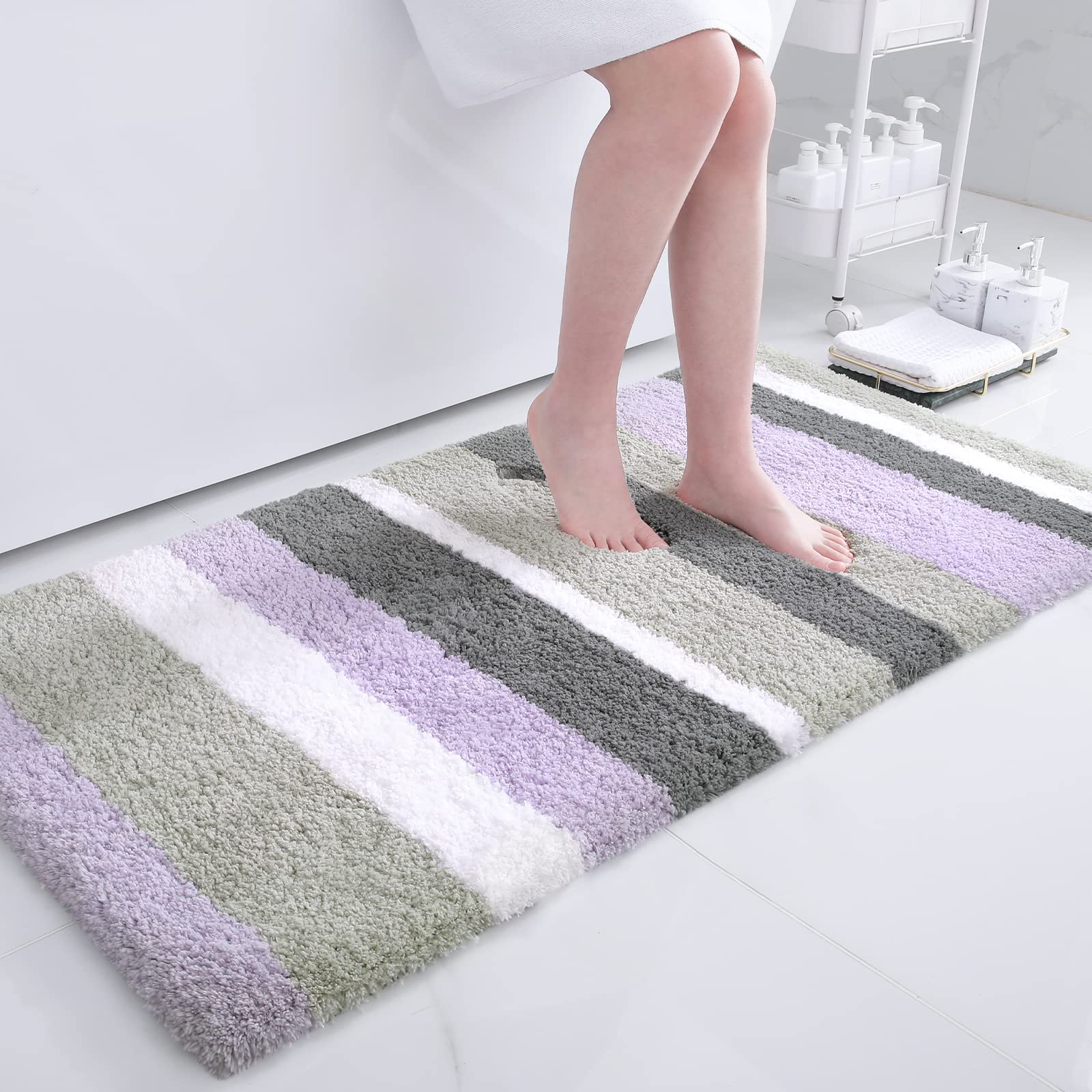 Buganda Microfiber Striped Bathroom Rugs Bath Mat, Extra Thick, Soft and Shaggy, Absorbent, Machine Washable, Bath Rugs for Bathroom, Tub and Shower,