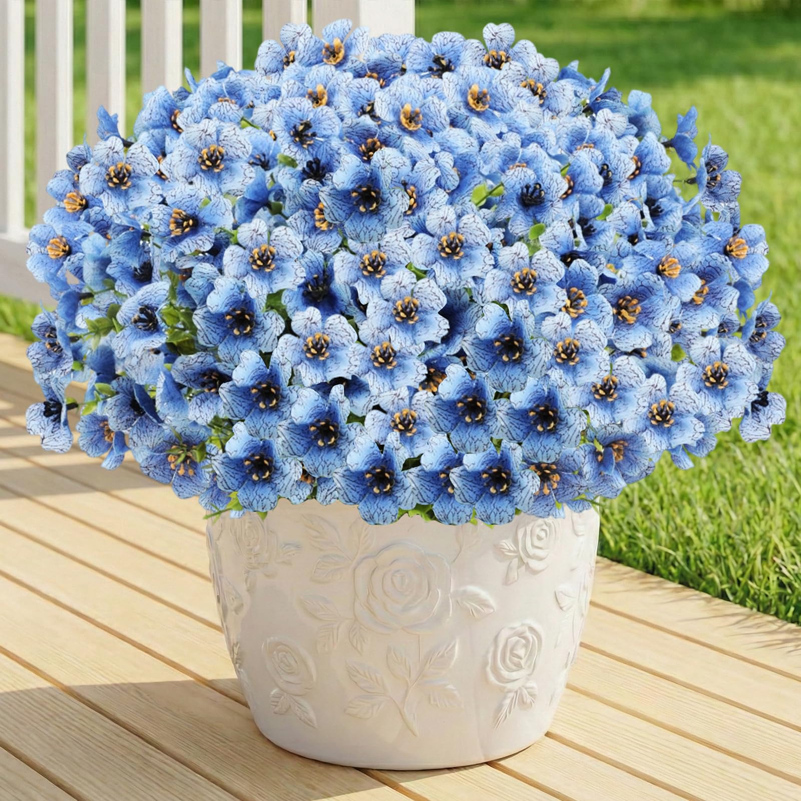 Photo 1 of LetuoClips Artificial Hanging Flower for Outdoors, Fake Hanging Basket for Outside,1 Hanging Basket with 13 Pcs Faux Silk Flowers for Porch, Balcony and Patio Decor(Blue)