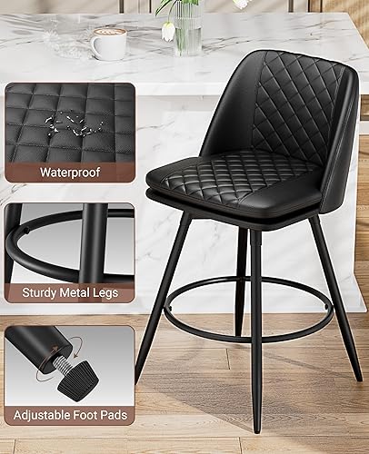 Miniatura 6 de Juego de 4 taburetes de bar de 26 pulgadas, taburetes de bar giratorios de 360 con respaldo, silla de bar moderna tapizada de piel sintética de