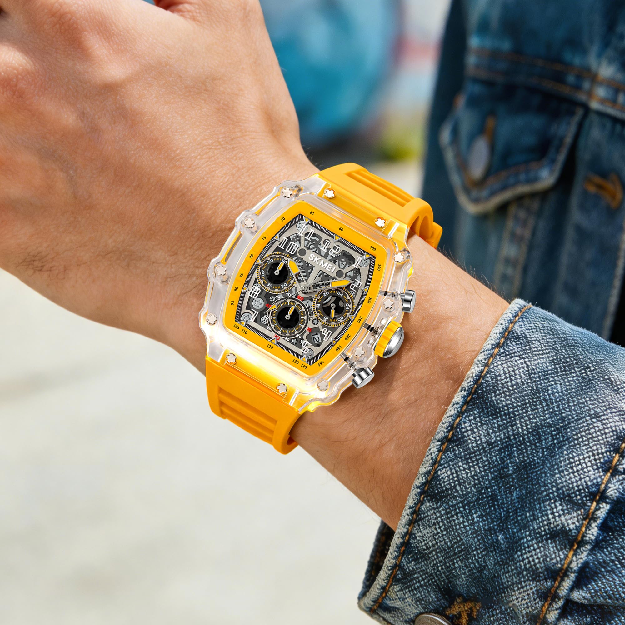SKMEI Orologi automatici da uomo alla moda con cinturino in silicone scheletro impermeabile fino a 50 m