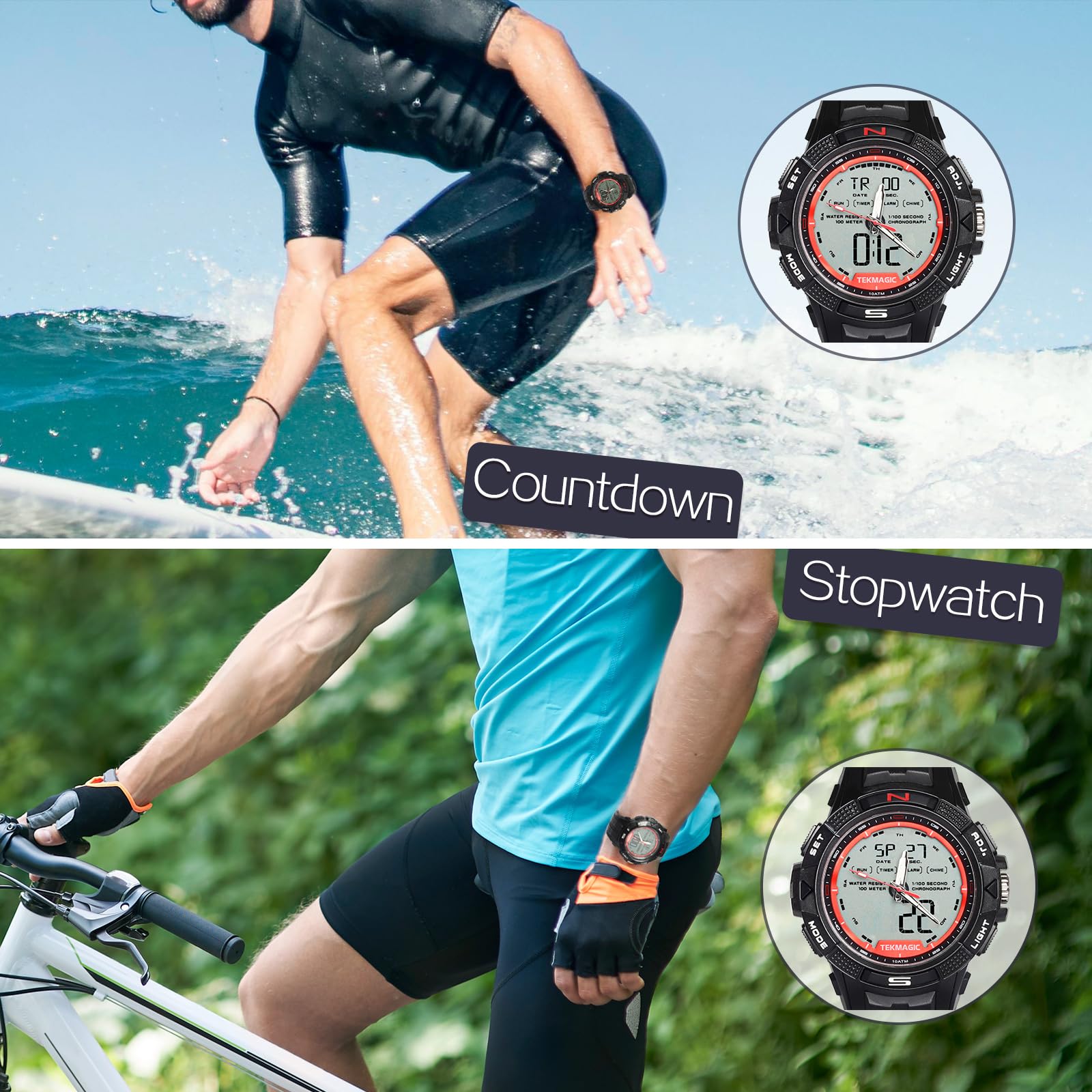 Reloj Pulsera Hombre Impermeable 100 Metros para Buceo y Nadar con Visualización Digital y Analógico, Despertador, Cronógrafo, Hora Dual Calendario, Cuenta Regresiva