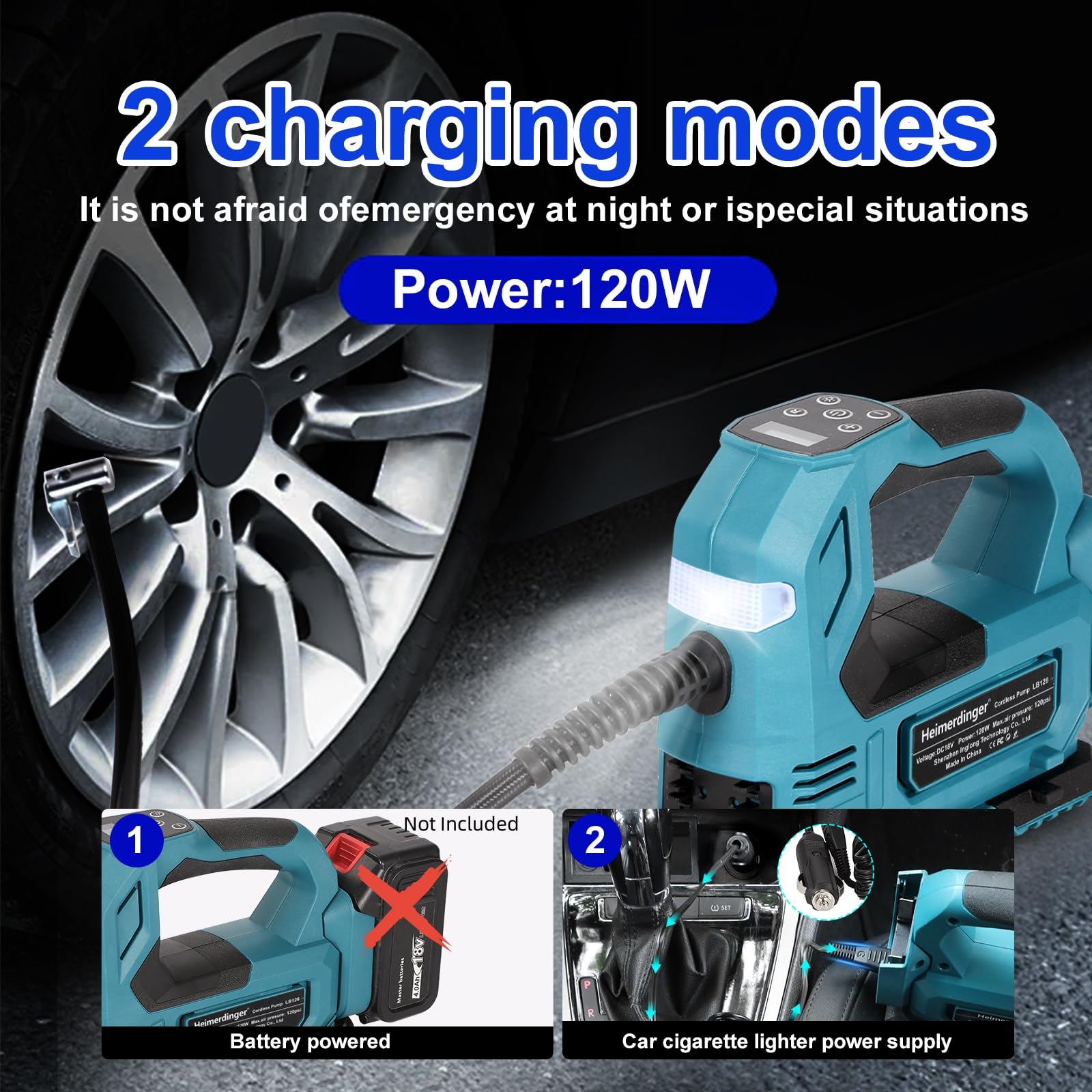 Akku Kompressor kompatibel mit Makita 18V Akku, Elektrischer Luftkompressor bis 10,34 bar, Tragbare Luftpumpe Dual-Power-Modus für Auto, Motorrad, Fahrrad (ohne Akku)