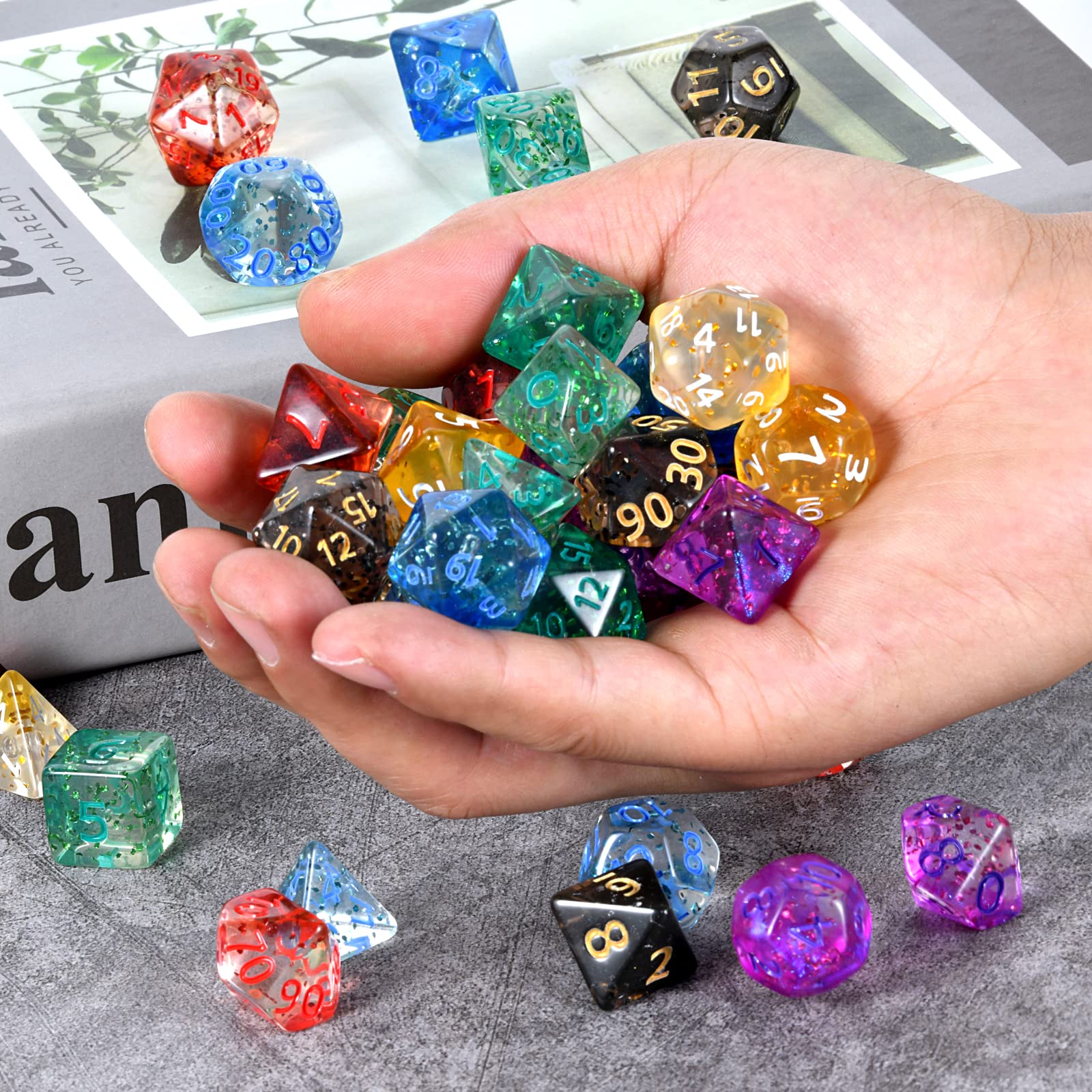 FLASHOWL Juego De 7 Dados De Cristal Con Cinta De Colores – D4 A D20, Acrílico Transparente, Ideales Para D&D Y Juegos De Rol
