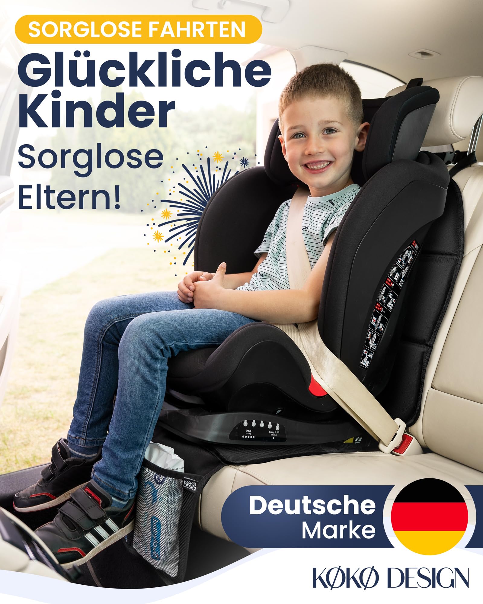 Podkładka pod fotelik dziecięcy Gudrun [kompatybilna z ISOFIX] ochraniacz na fotel samochodowy z ochroną oparcia, pasuje do każdego fotelika dziecięcego i każdego samochodu, ochraniacz na
