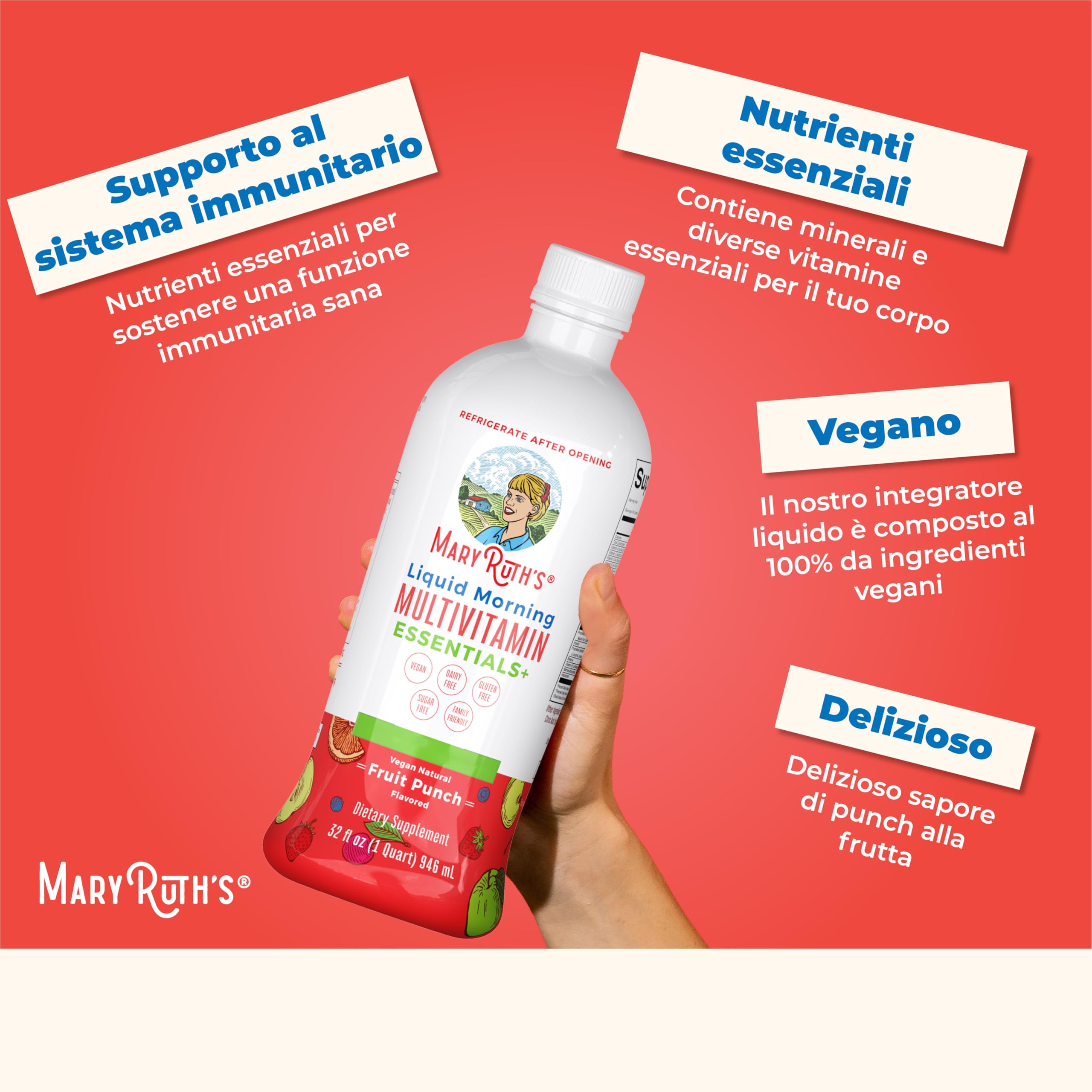 MaryRuth Organics, Liquid Morning Multivitamin Essentials+, Vitamine e Minerali Essenziali, Senza Zucchero, Gusto Punch alla Frutta, 946ml, Vegan, Senza Glutine
