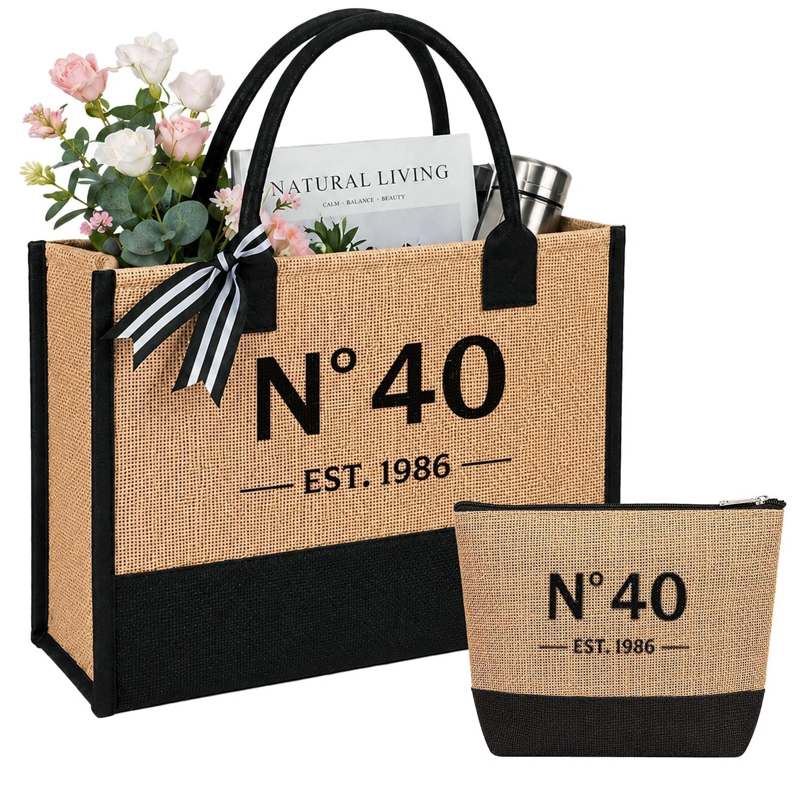 Hiqiku 40th Birthday Gifts for Women, 2PCS Vintage N°40 Jute Tote Bag and Cosmetic-bag Set, Reusable Shopping Bags, Personalised Birthday Presents Bags for Mum Wife Sister Friend Aunt Her