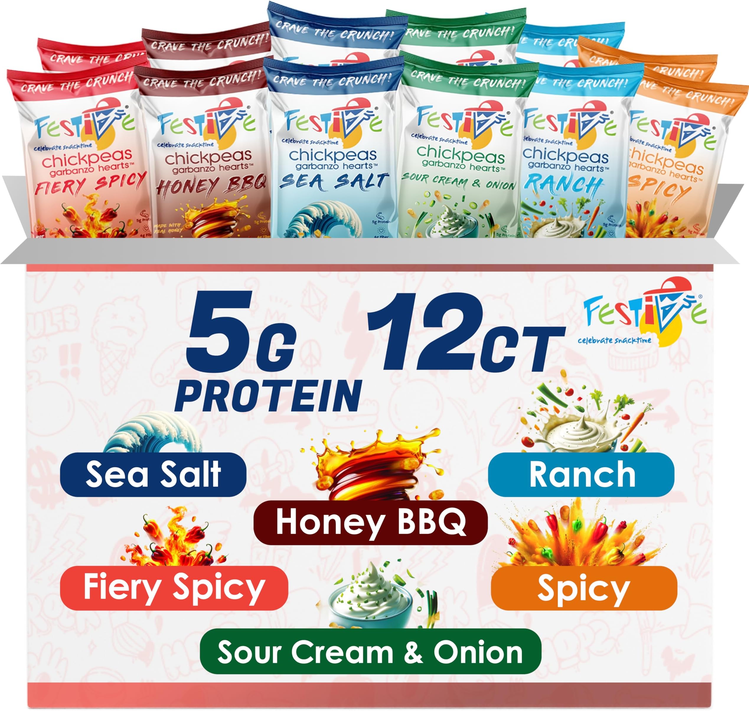 Snack Festive Variety Pack Roasted Chickpea Snacks, 12 Bags 1 oz Crunchy Protein Garbanzo Beans, Healthy Nut Free Vegan Non-GMO Soy-Free Balanced Macro