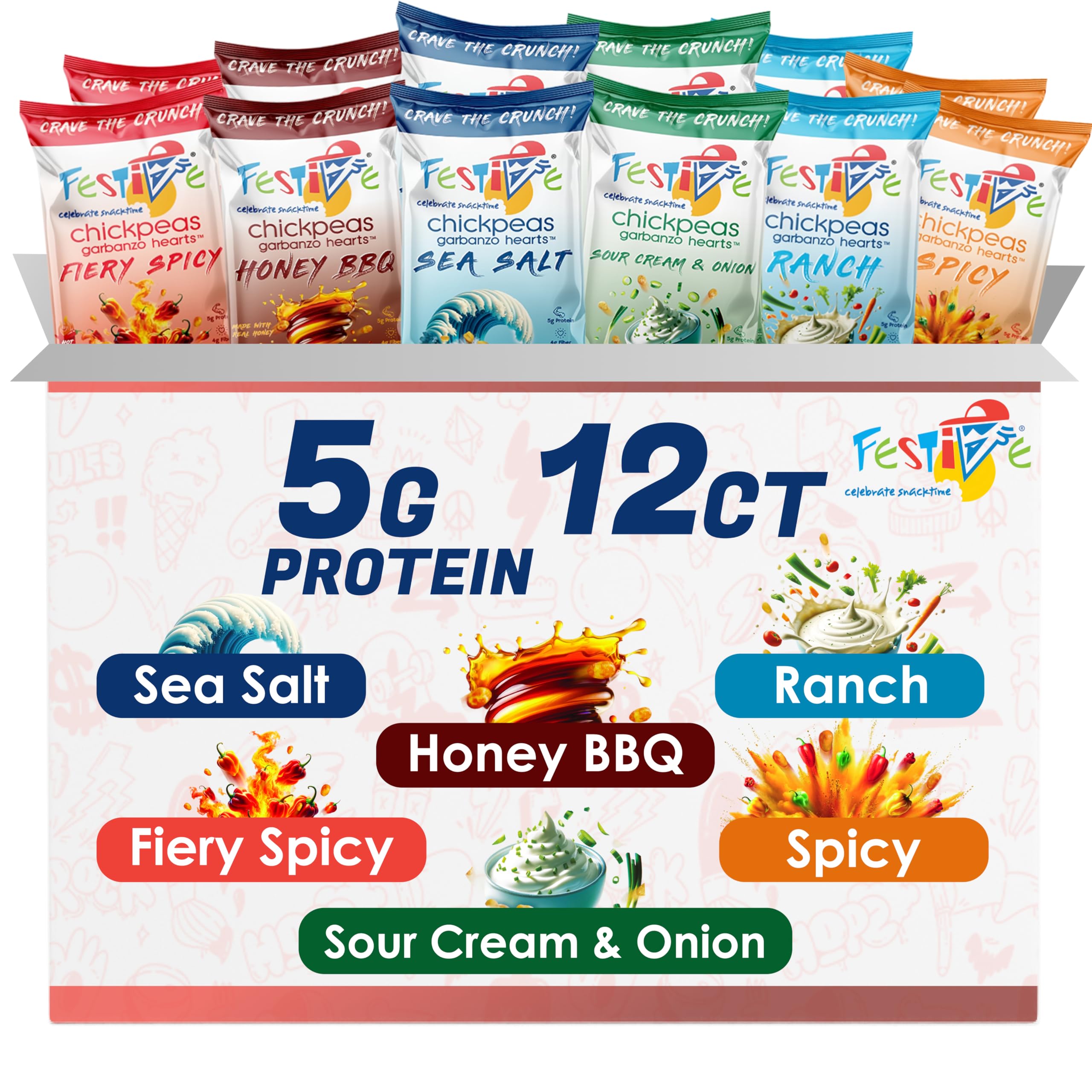 Snack Festive Variety Pack Roasted Chickpea Snacks, 12 Bags 1 oz Crunchy Protein Garbanzo Beans, Healthy Nut Free Vegan Non-GMO Soy-Free Balanced Macro