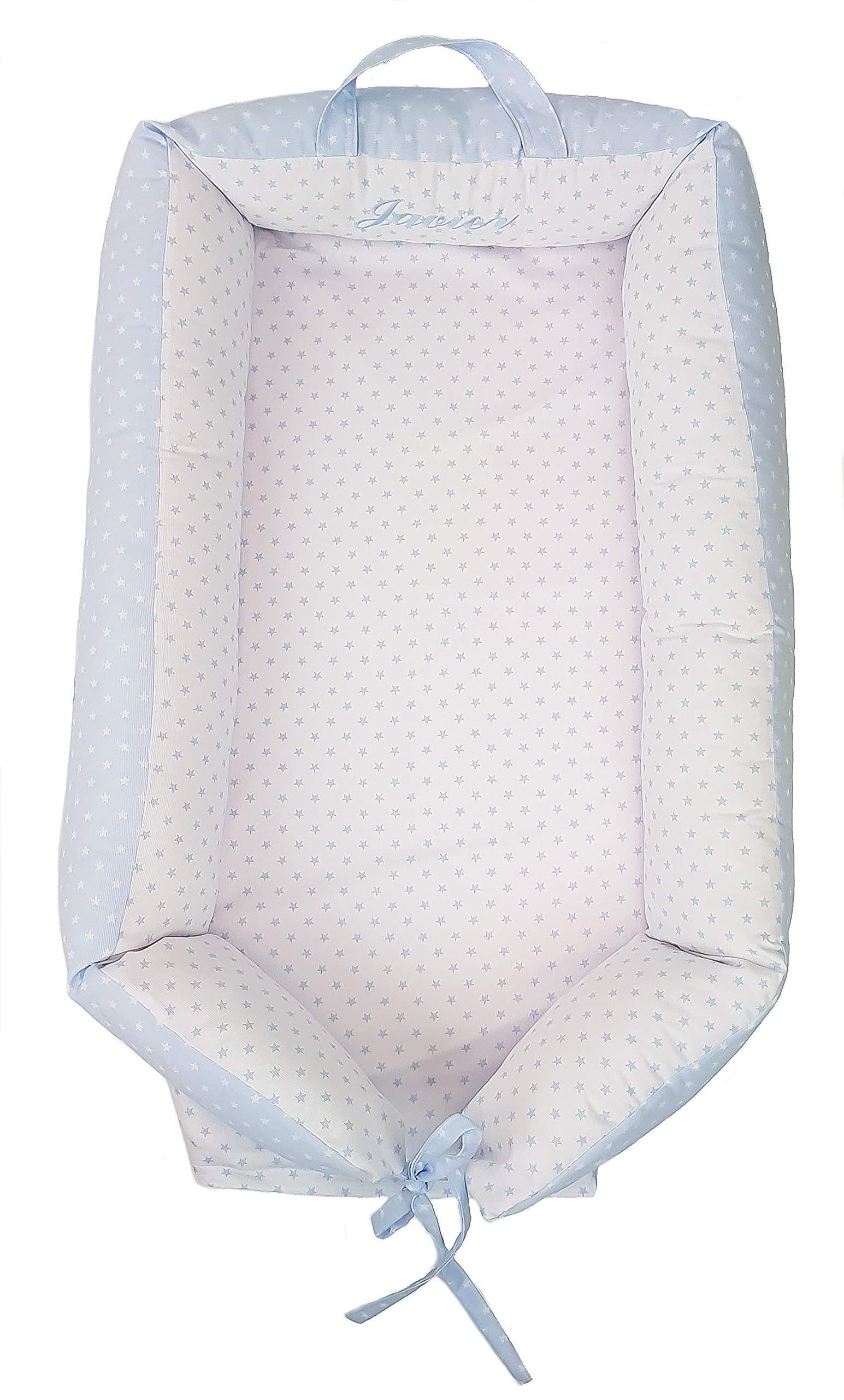 Baby nest cuscino riduttore per lettino, riduttore per culla o bozzolo riduttore per lettino reversibile PERSONALIZZATA CON NOM. Disponibile in vari modelli. (Stelle Celeste)