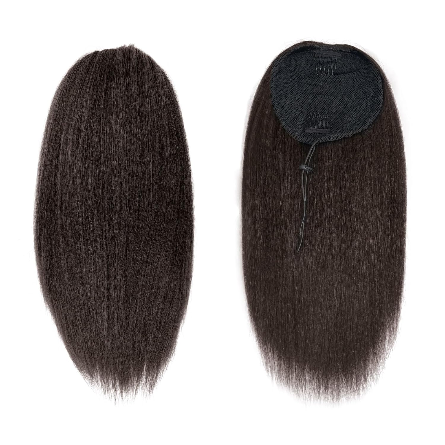 yaki straight drawstring ponytail for black women 16inch shoulder length synthetic brown kinky straight clip in ponytail extension for girl daily use(medium brown) 16" ponytail without bangs medium brown