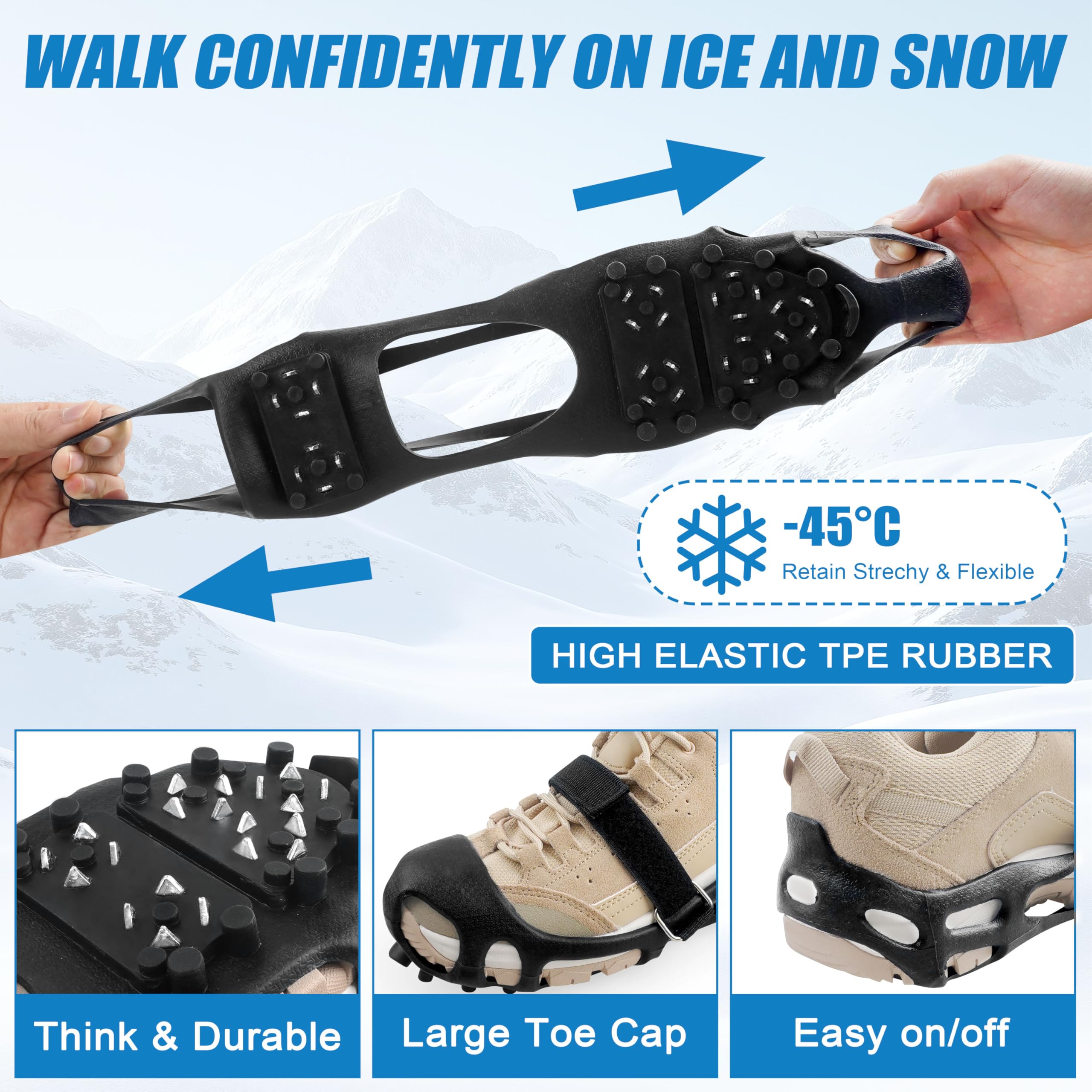 Knagi do lodu Snow Walk Traction Cleats Raki do chodzenia po śniegu i lodzie, ulepszenie 28 kolców, antypoślizgowa guma, antypoślizgowe raki, wsuwane, rozciągliwe obuwie