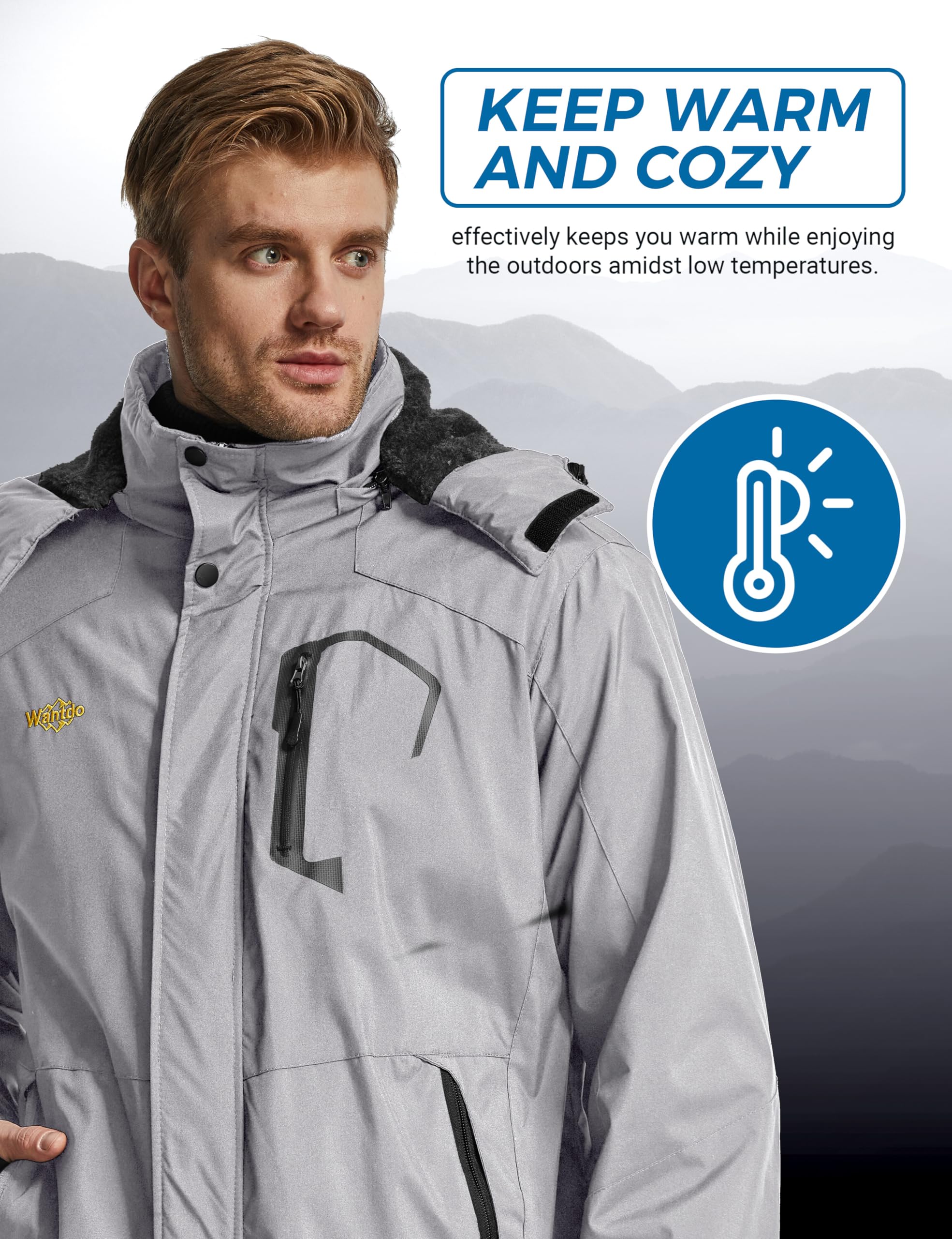 Wantdo Giacca da Sci Montagna Calda Invernale Parka da Neve Imbottita Cappotto da Snowboard in Pile Giubbotto con Cappuccio Impermeabile Uomo