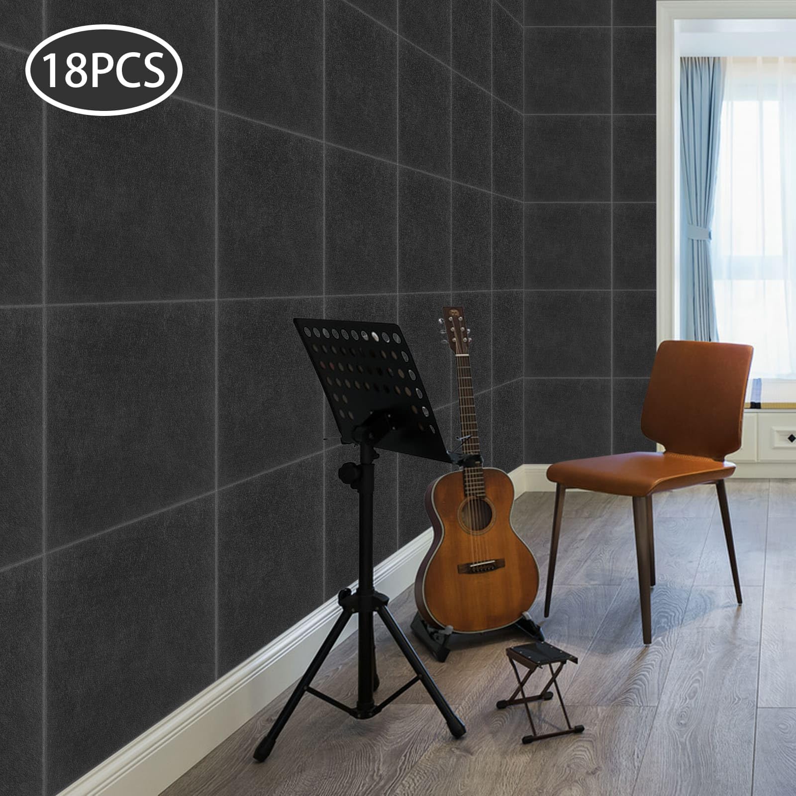 Lot de 18 Panneaux Acoustiques Carrées Auto-Adhésifs, Panneaux Muraux Phoniques en Polyester, Isolation Acoustique Haute Densité, Pour Salon, Bureau, Studio, 30 × 30 × 0,9 cm (Noir)