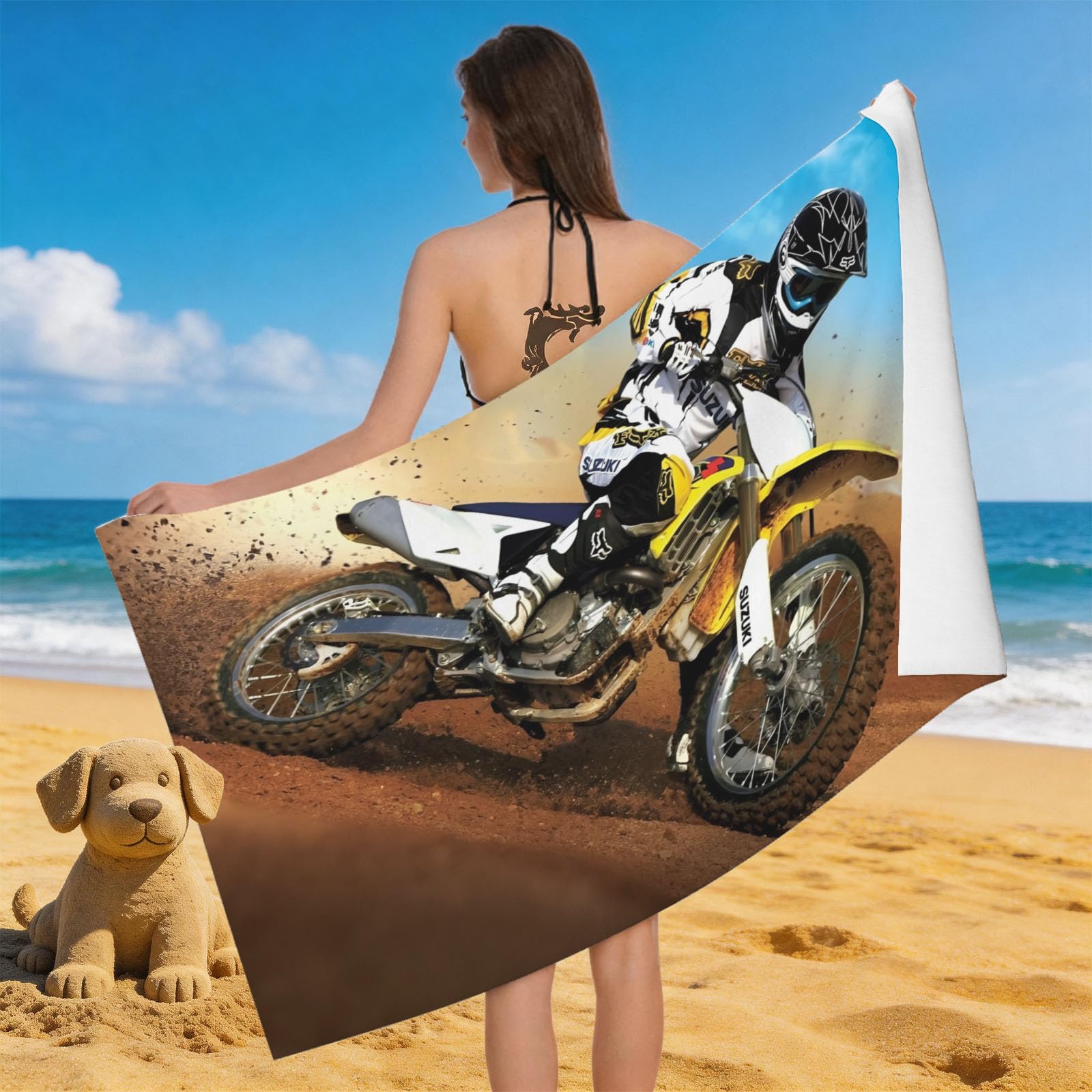 Leichong 3D Dirt Bike Beach Towel Large Microfiber Soft Quick Dry for Adults, Extreme Sport Bath Towel Lightweight Soft Absorbent for Travel Swimming Pool Sports, 180 x 90 cm