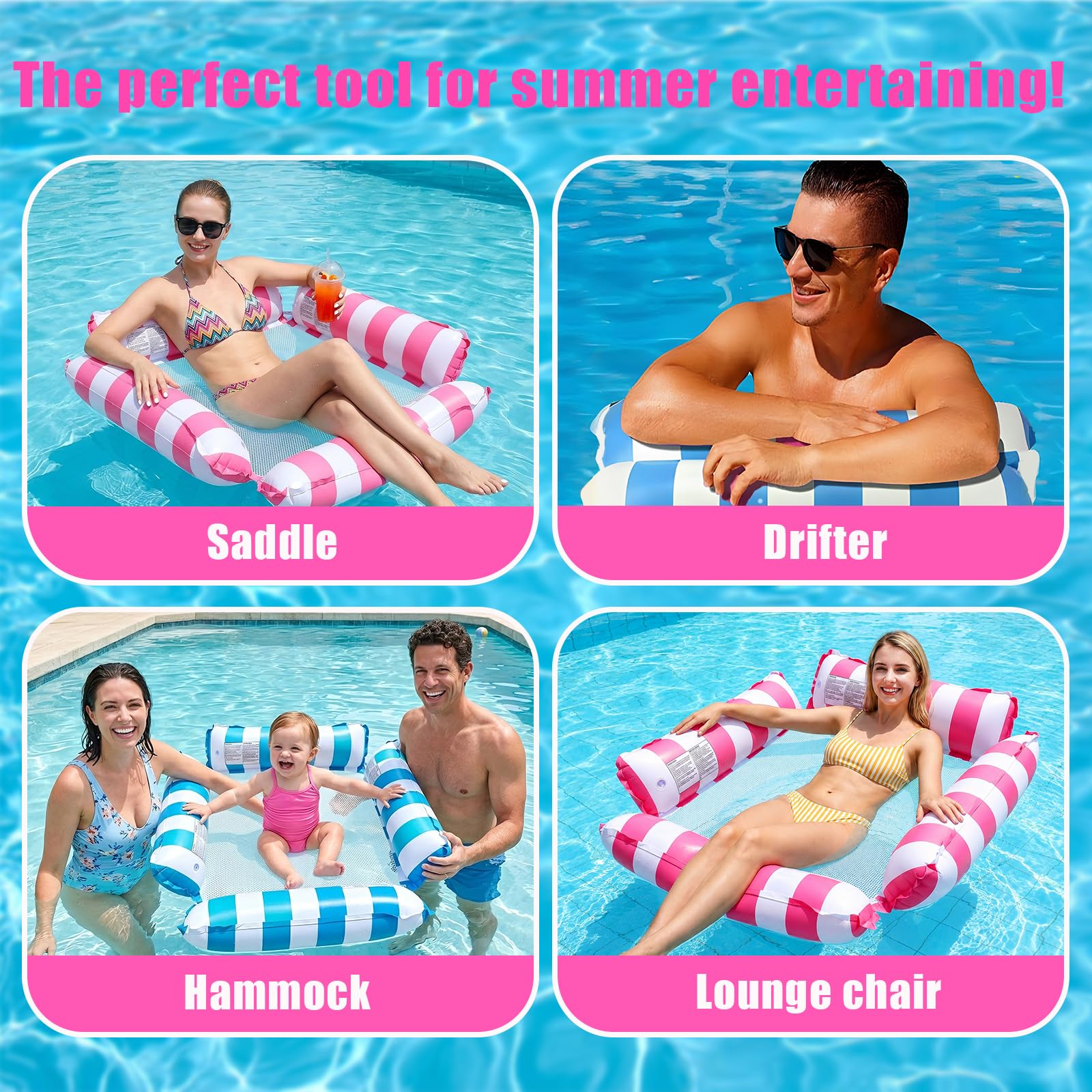 Morofme Wasser Hängematte 2 Stück, Pool Sitz Hängematte mit 1 Luftpump, 4 in 1 Mehrzweck Luftmatratze Float, Tragbar Aufblasbarer Sessel, Wasser Schwimmmatte Luftmatratze für Erwachsene Pool Zubehör