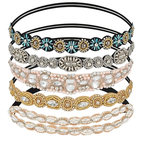 AMCAMI 5 diademas de cuentas con perlas y diamantes de imitación para mujer, bandas para la cabeza con cuentas brillantes, diademas hippie para