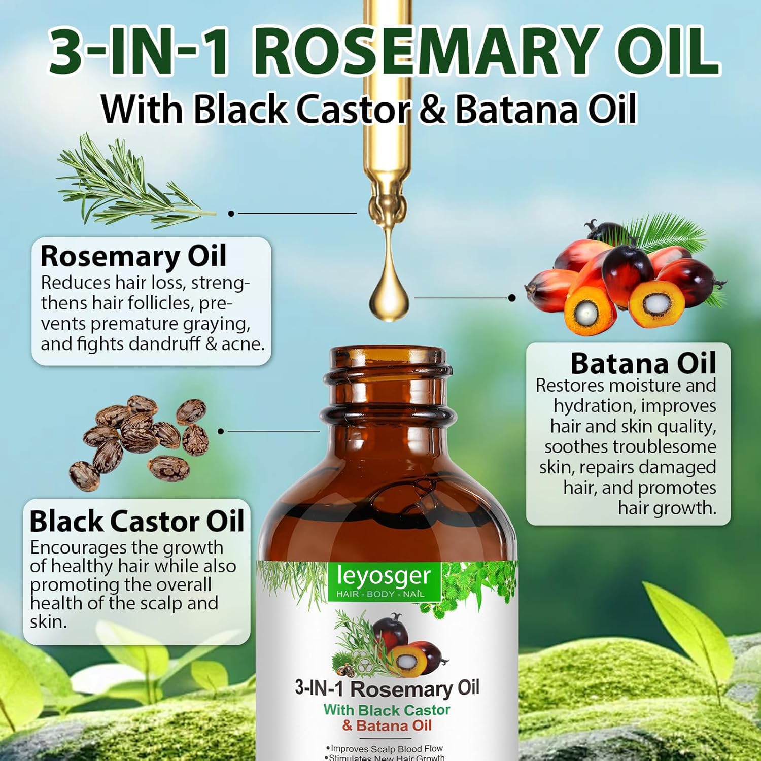 Olio Di Rosmarino 3 in 1, Olio Di Ricino Nero, Batana, Per La Crescita Dei Capelli, Stimola La Crescita Di Nuovi Capelli, Volume E Lucentezza, Nutrono Il Cuoio Capelluto, 100% Puro Naturale 60ml