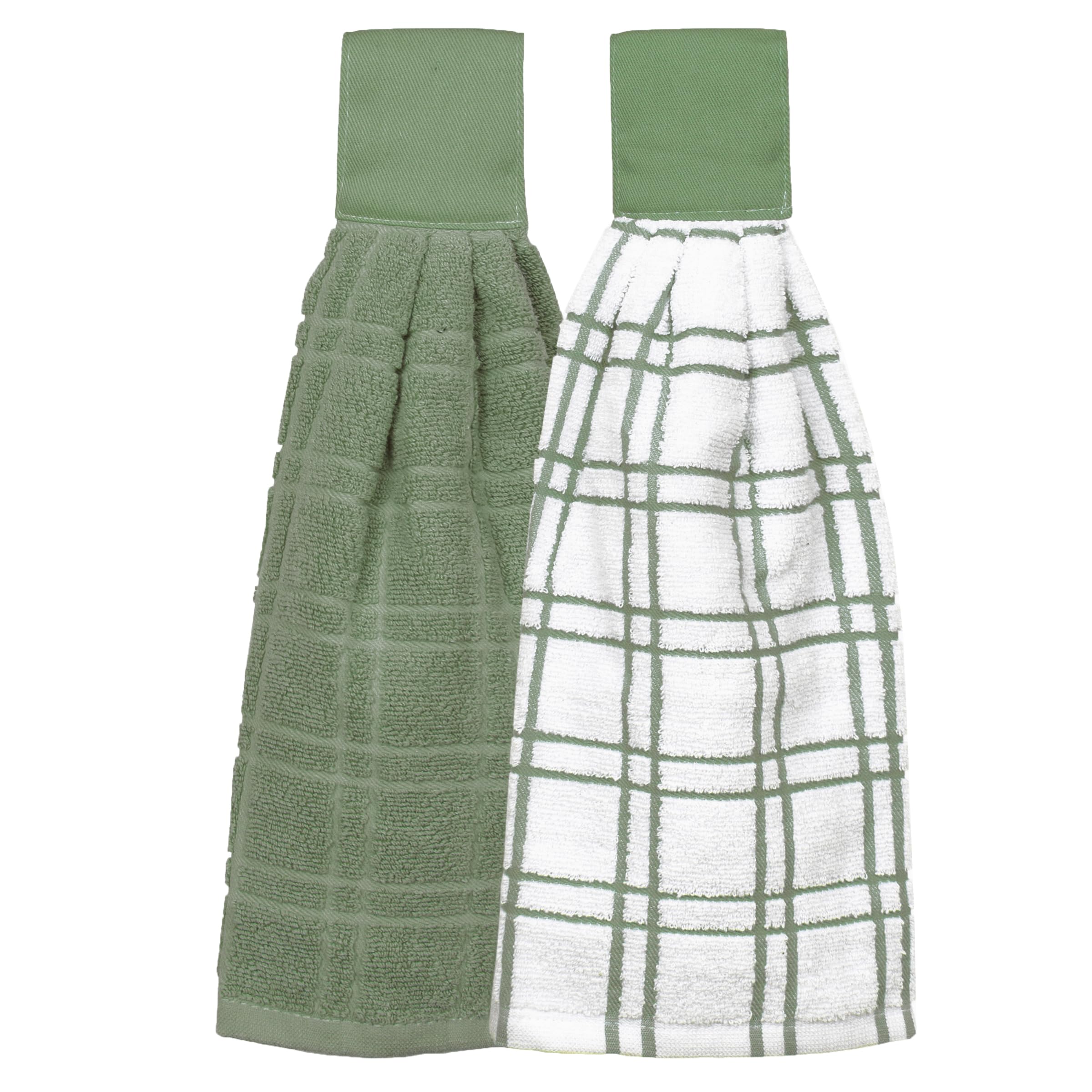 Ritz Premium 100% Cotton Solid and Multi Check Kitchen Tie Towel, Absorbent, Super Soft, and Fast Drying Hang Towel, Set of Two, Juniper