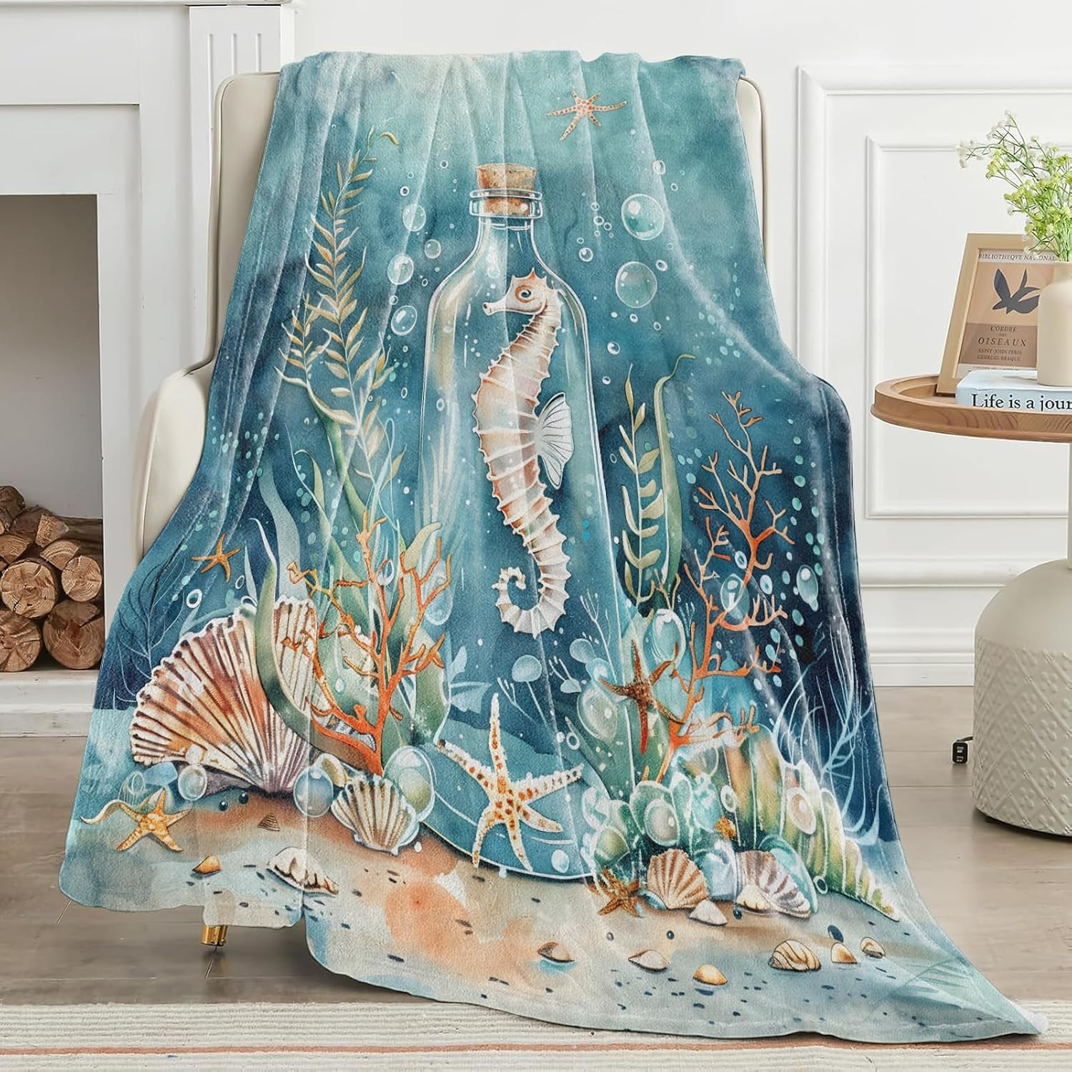 Seahorse in Bottle Blanket Whimsical Underwater Design Throw Blankets with Coral,Seashell,Starfish Lightweight Flannel Throws for Couch Chair Bed Decor Gifts for Ocean Lover,60x50inch