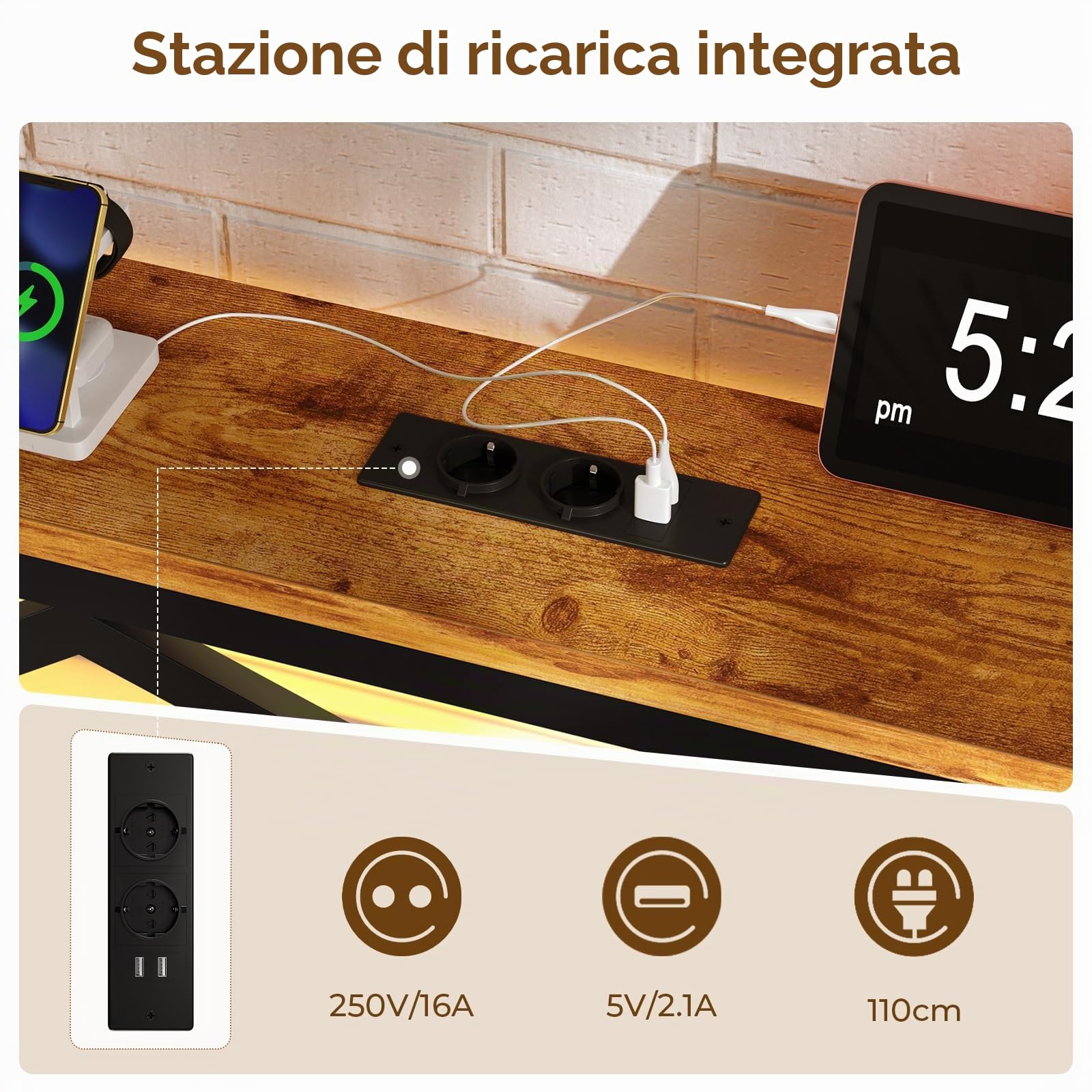 DICTAC Letto Matrimoniale 160 x 200 cm con Illuminazione LED, Telaio in Metallo con Stazione di Ricarica USB e Testata in Legno, Rete a Doghe in Metallo