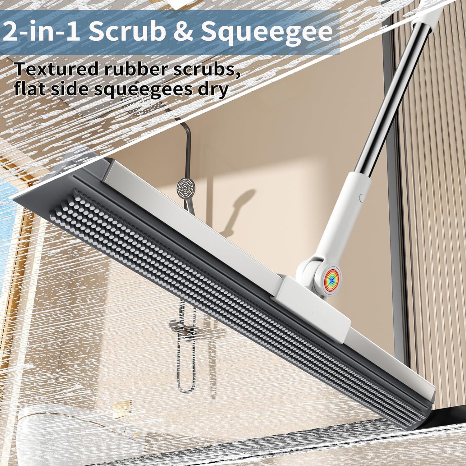 floor squeegee for concrete floor, squeegee for floor with 180° rotating head & 63" long handle, garage floor squeegee broom for epoxy, pet hair, water removal, tile floor, shower glass, driveway