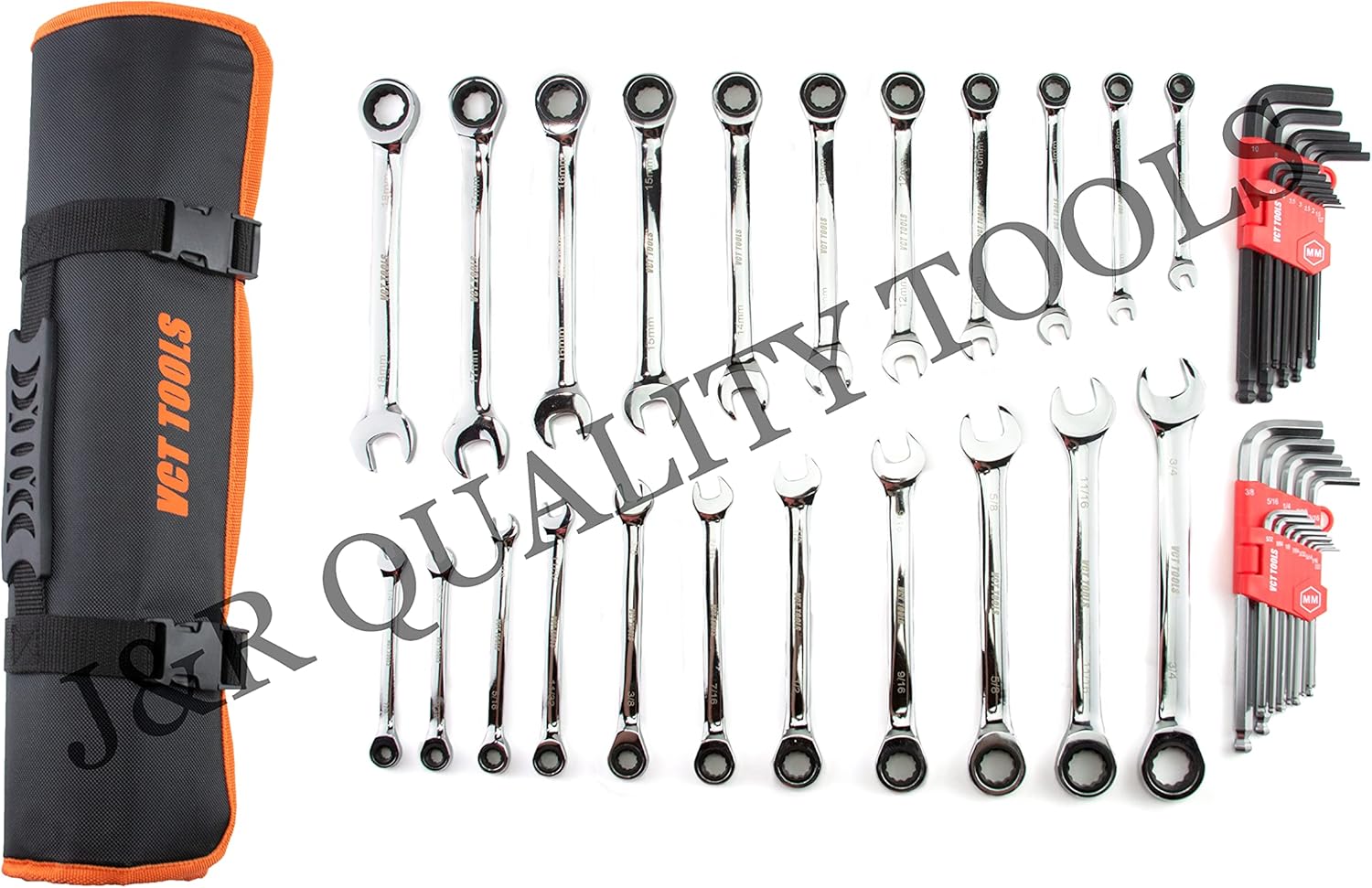VCT 48PC Ratcheting Combination Wrench Set SAE & Metric 1/4″ to 3/4″ & 6-18mm, & Hex/Allen Ball End Wrench Sets MM/SAE, Chrome Vanadium Steel, with Carrying Bag