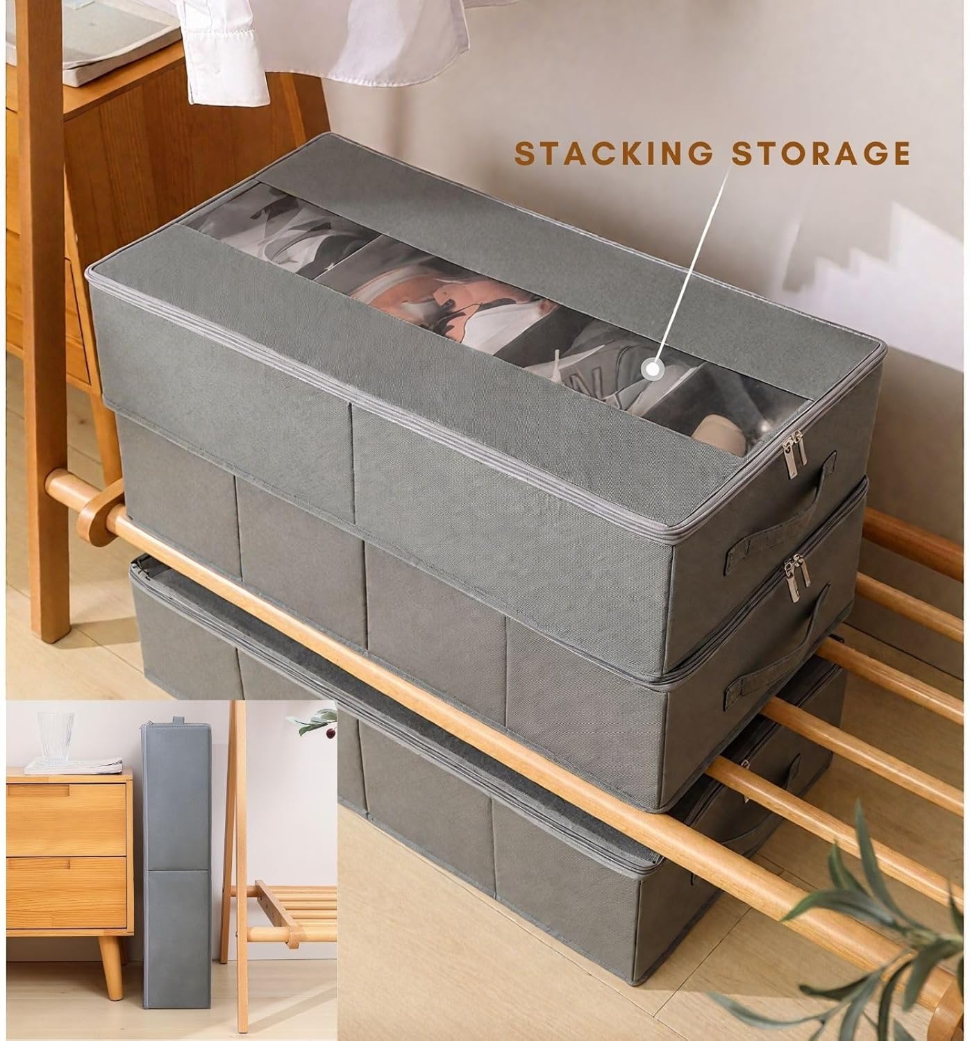 Shoe Organizers for Closet, Fits 6 Pairs Each, Shoe Storage Bins, 23.6x13x5.5in Shoes Box Fabric Containers with Handles and Clear Cover, for Bedroom, Entryway, Closet(Gray,2 pack)