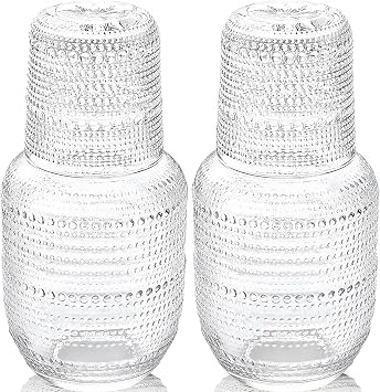 ZOOFOX Set of 2 Vintage Bedside Water Carafe and Glass Set, Clear Embossed Night Water Carafe with Tumbler Glasses, Elegant Pitcher and Matching Drinking Glass, Easy-Access for the Night